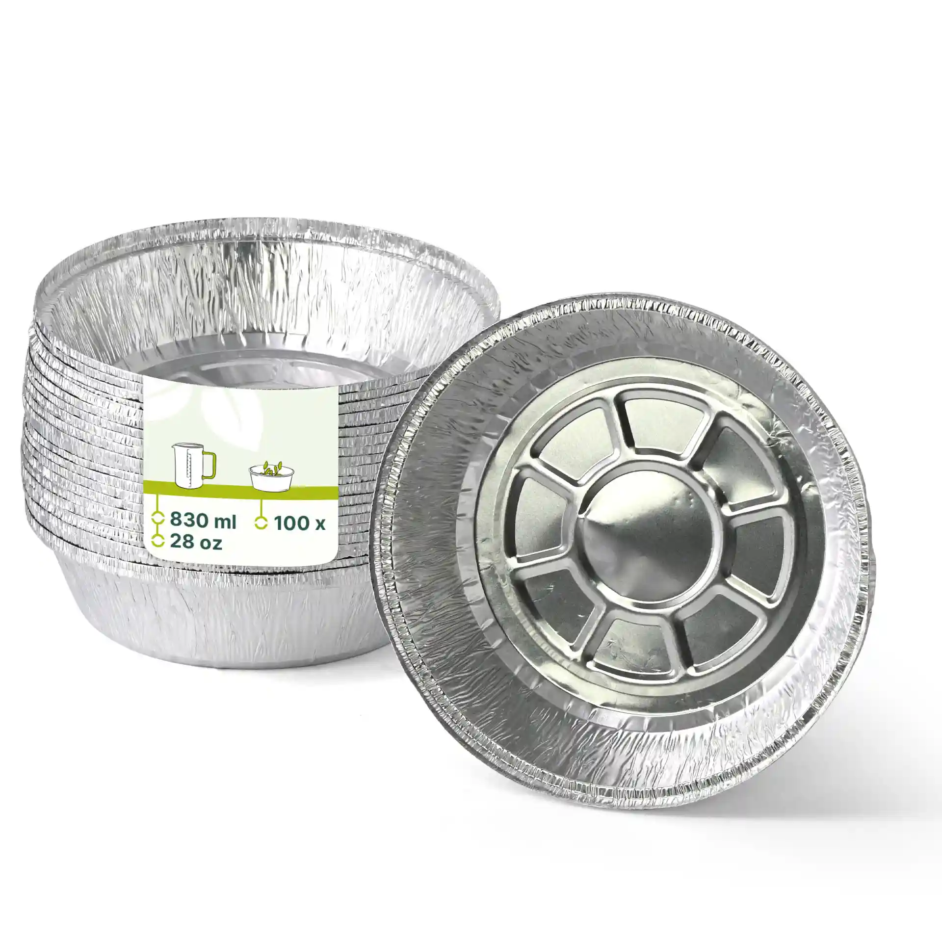 Contenants ronds en aluminium d'une capacité de 830 ml, montrant plusieurs conteneurs empilés et un sur le côté.