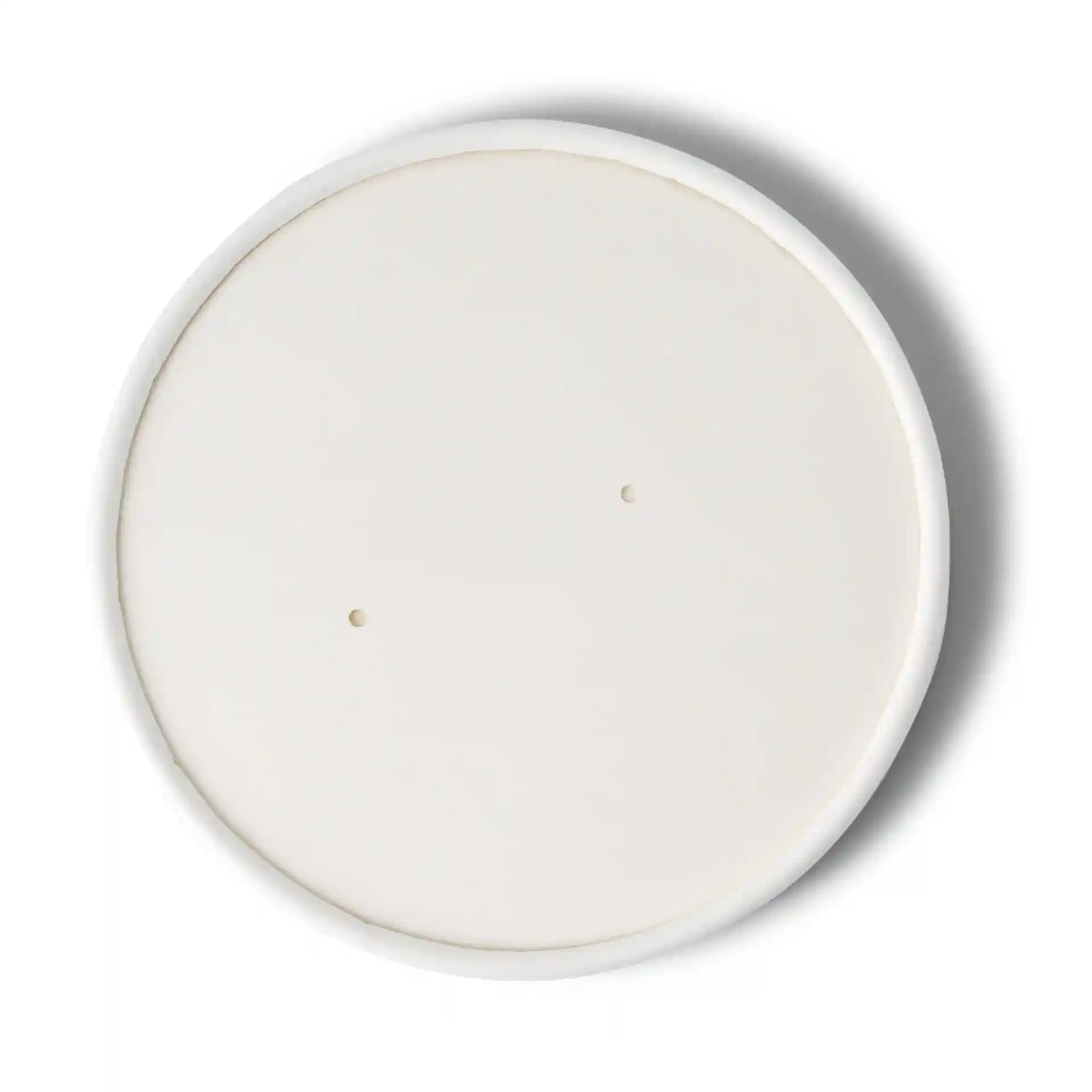 Couvercle rond en carton blanc avec surface lisse et deux petits trous, diamètre 116 mm.