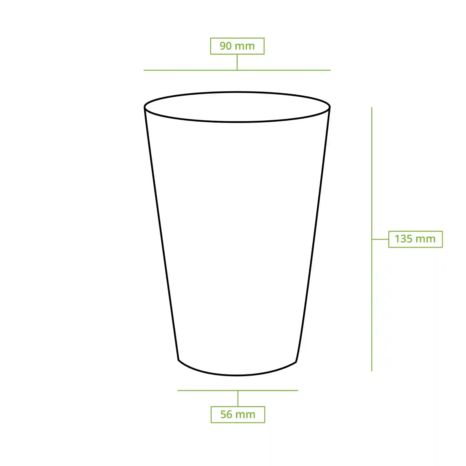 Dessin schématique d'un gobelet en papier rond avec dimensions : hauteur 138 mm, diamètre supérieur 90 mm, diamètre inférieur 60 mm.