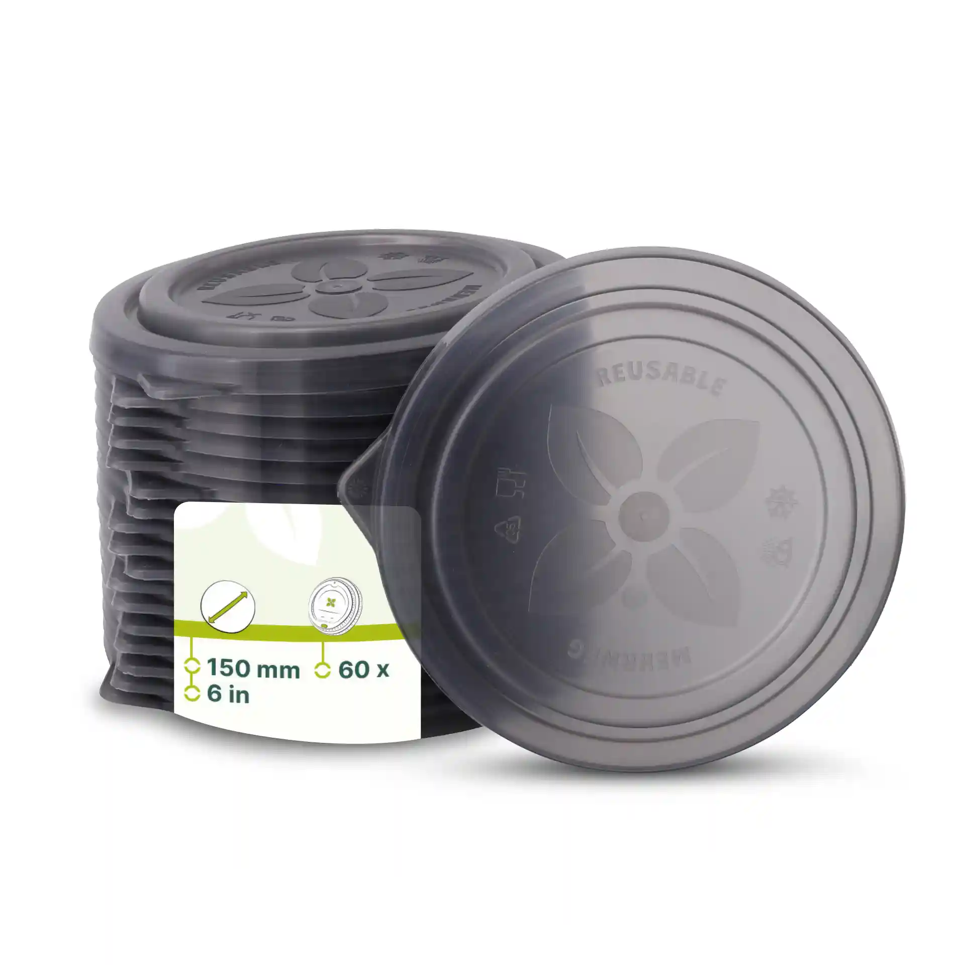 Empilement de couvercles réutilisables gris pour bols, 150 mm de diamètre, avec une étiquette indiquant les détails du produit.