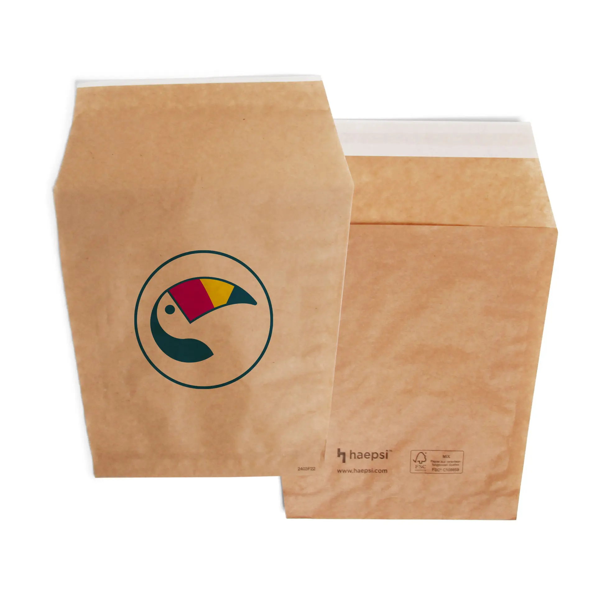 Sacs à frites bruns imprimés sur mesure avec fermeture adhésive intégrée ; présente un design de logo affichant un toucan.