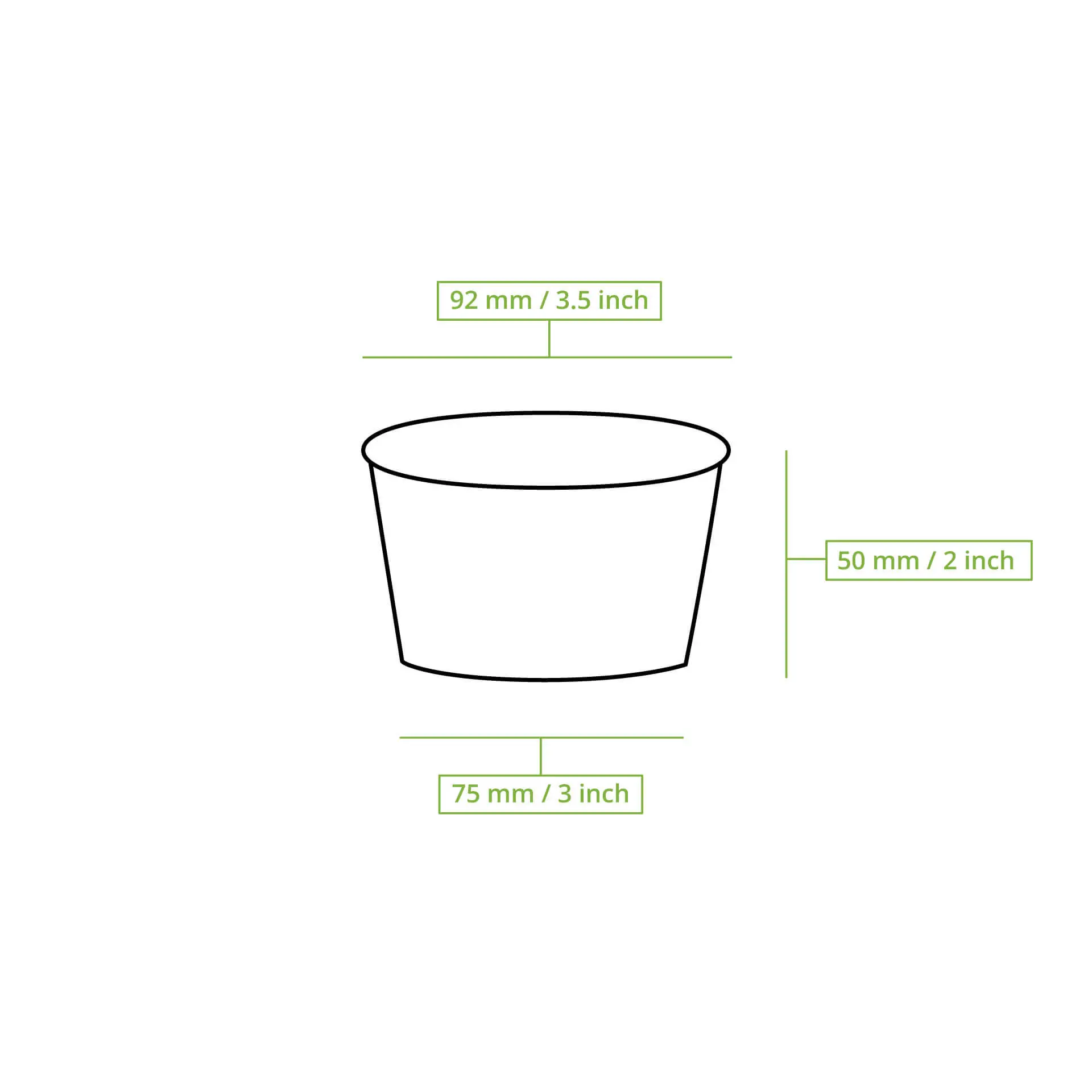 Gobelet en papier pour crème glacée avec imprimé fruit, diamètre de 92 mm et hauteur de 50 mm, adapté pour aliments chauds et froids.