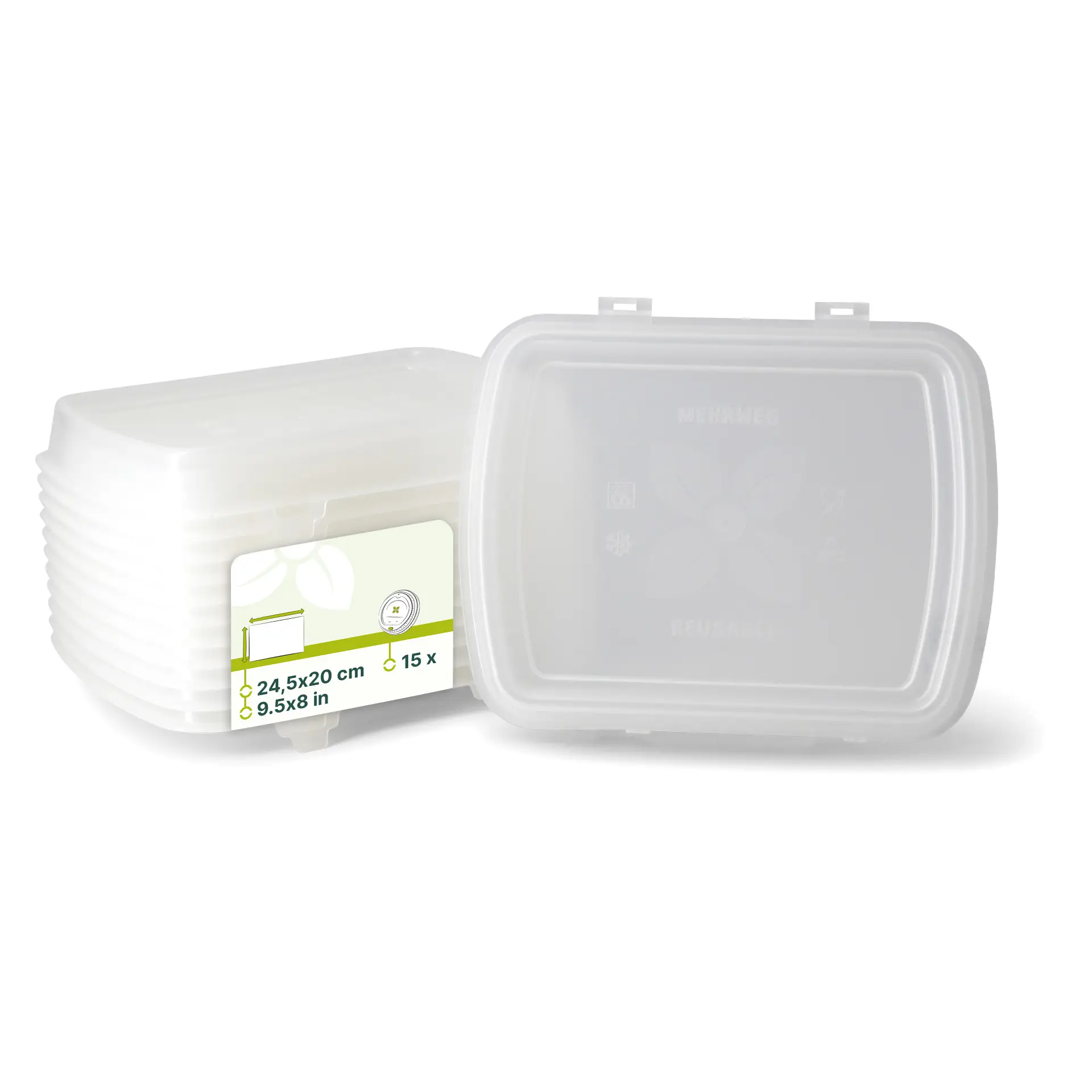 Contenants de stockage transparents réutilisables avec couvercles, mesurant 24,5 x 20 x 4,5 cm, empilés avec une étiquette visible.