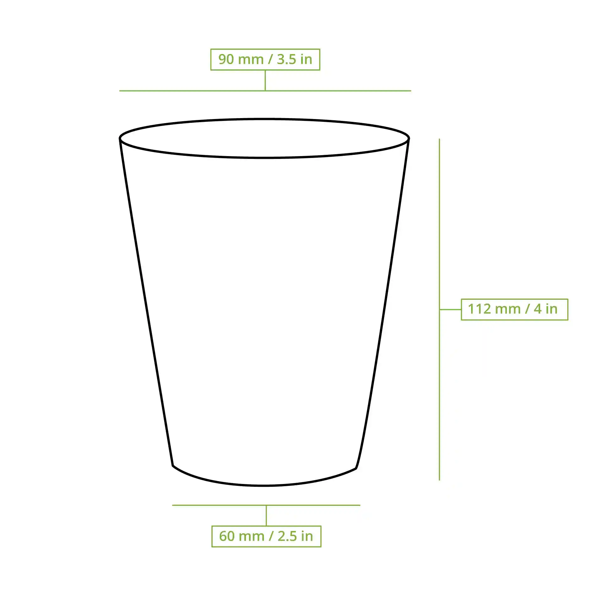 Dessin schématique d'un gobelet en papier rond avec dimensions : diamètre supérieur 90 mm, hauteur 110 mm, diamètre inférieur 58 mm.