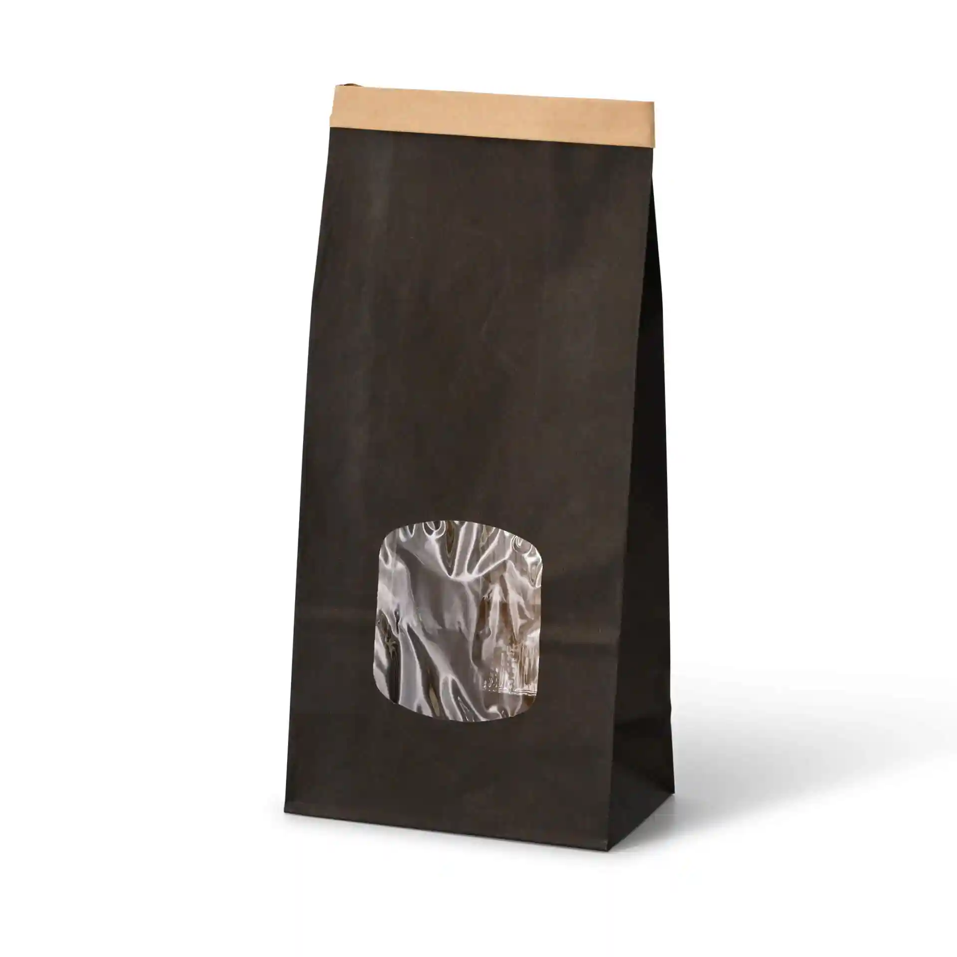 Sac à fond plat noir avec un dessus en papier kraft et une fenêtre transparente. Dimensions : 11,5 x 7 x 24,5 cm.