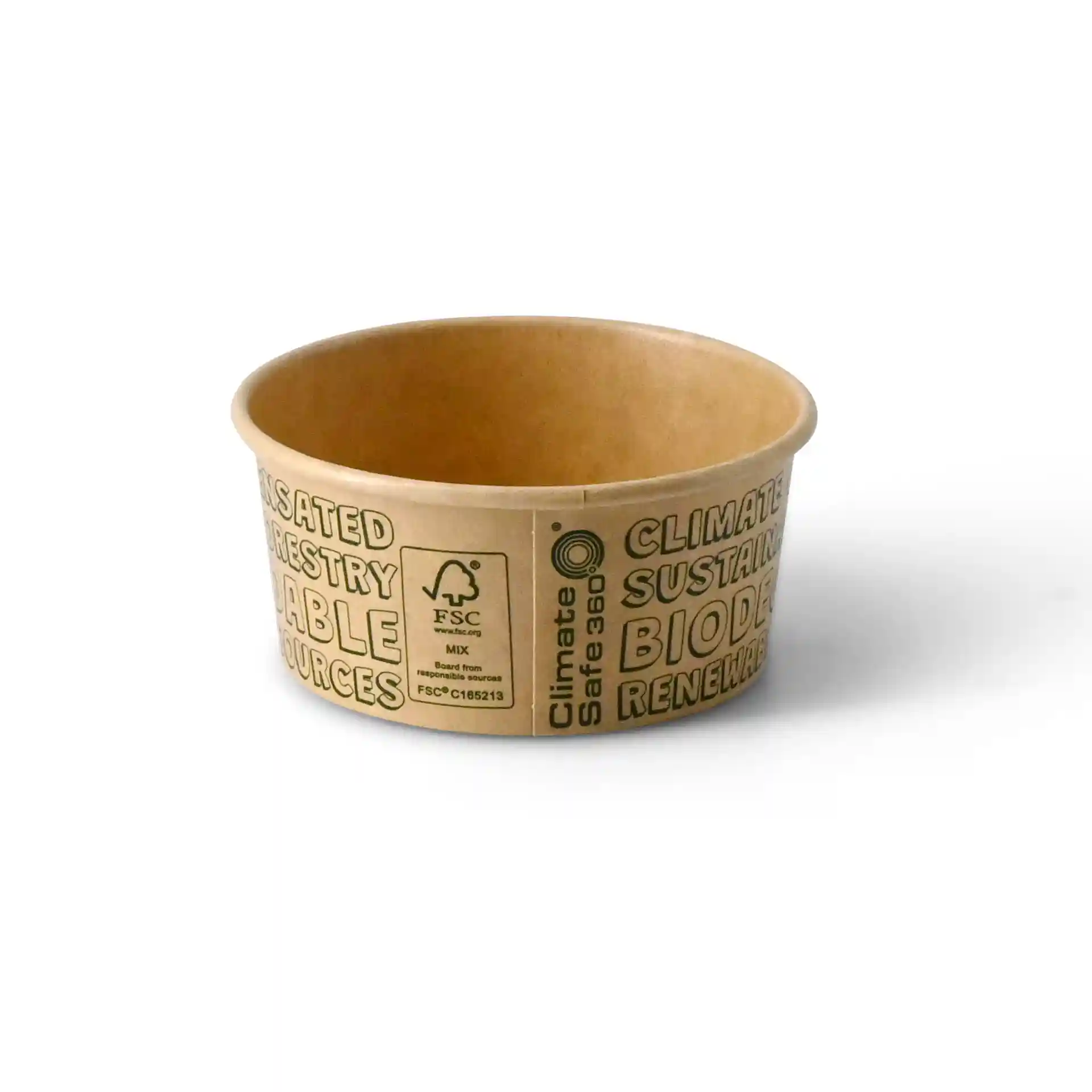 Gobelet en papier brun pour glace, forme ronde, capacité de 4 oz, diamètre de 92 mm, hauteur de 42 mm, avec marquages imprimés.