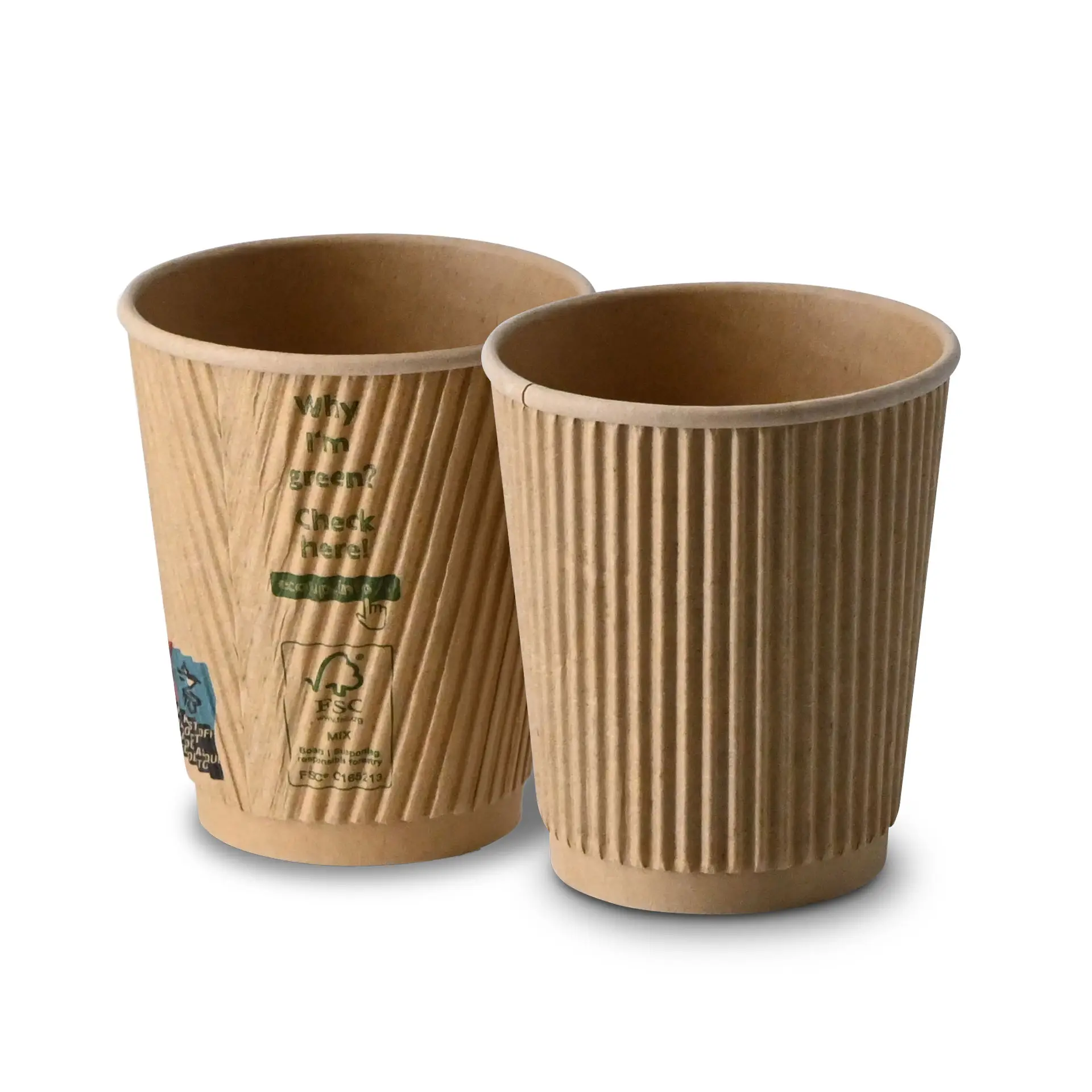 Un gobelet jetable à café brun de 8 oz avec revêtement PLA ; un autre gobelet similaire avec une étiquette montrant un code QR et des infos sur la durabilité.