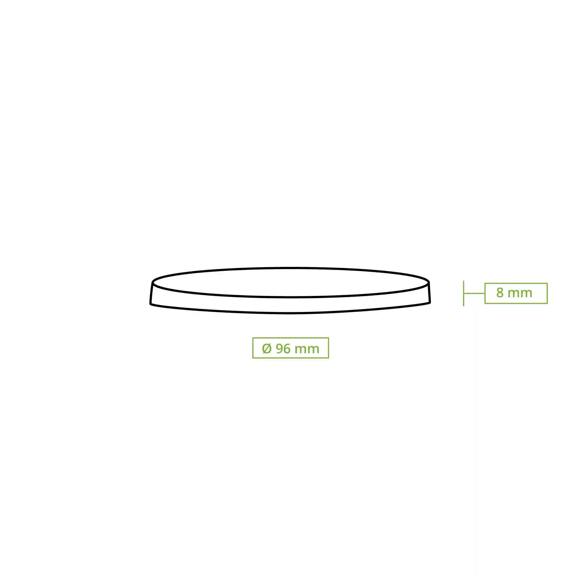 Dessin schématique d'un couvercle plat d'un diamètre de 96 mm et d'une hauteur de 8 mm.