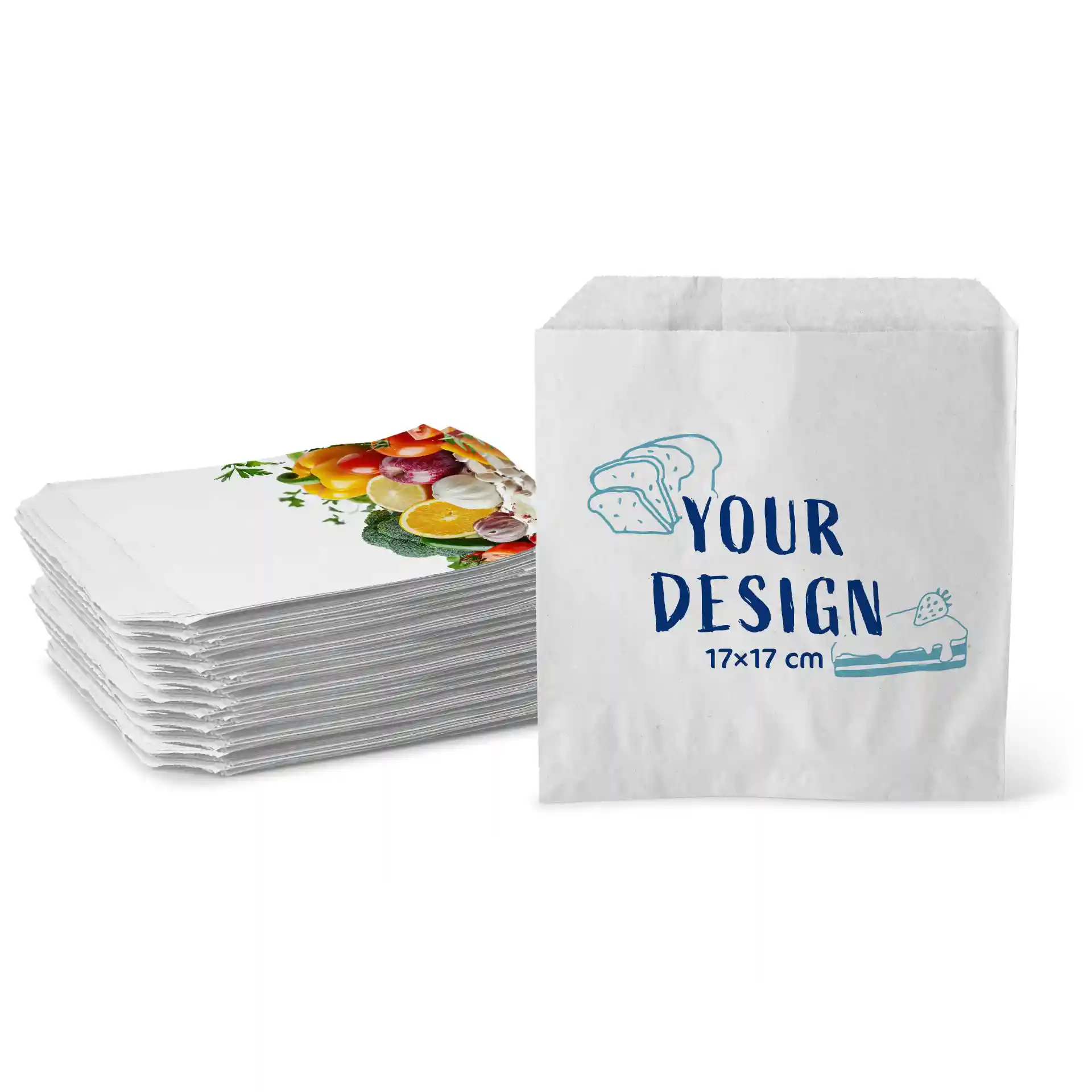 Sacs plats blancs avec un design de fruits, mesurant 17 × 17 cm, empilés à côté d'un sac affichant un design.