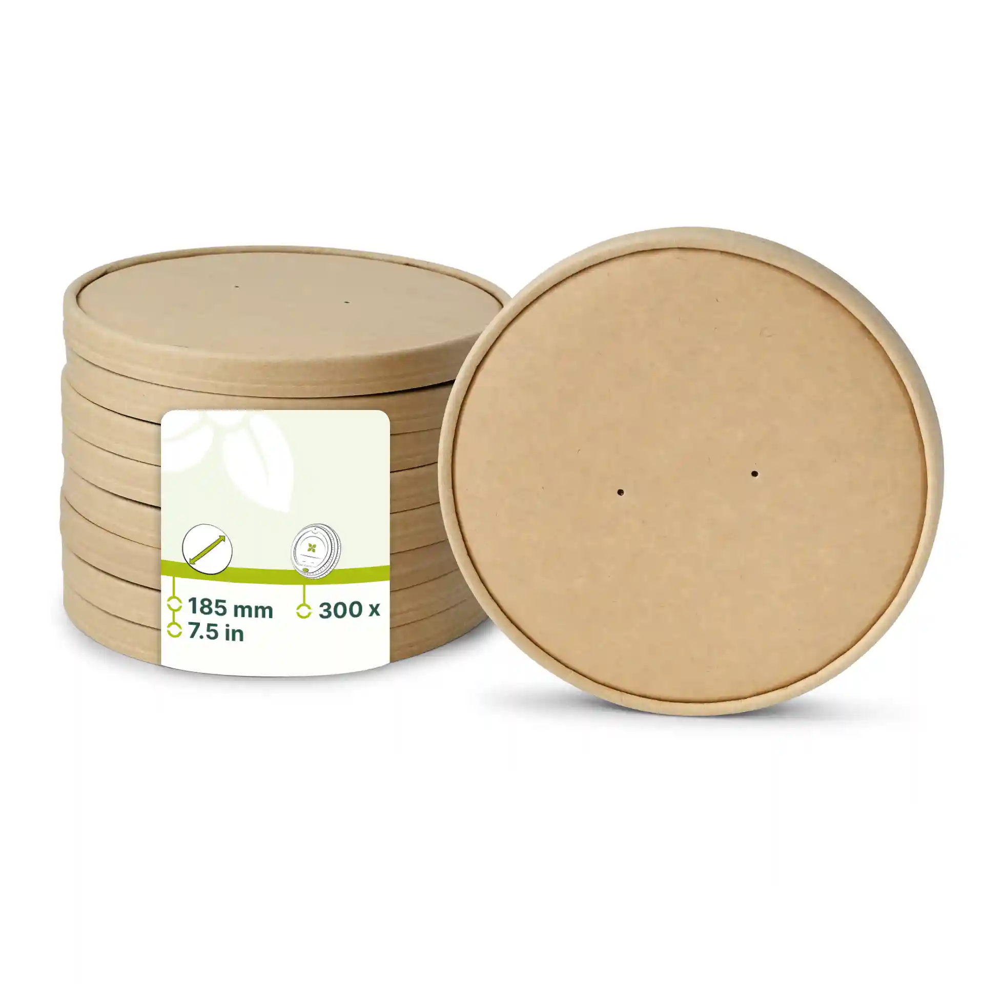 Couvercle rond en carton brun avec membrane, diamètre de 185 mm, empilé avec une étiquette montrant les détails du produit.