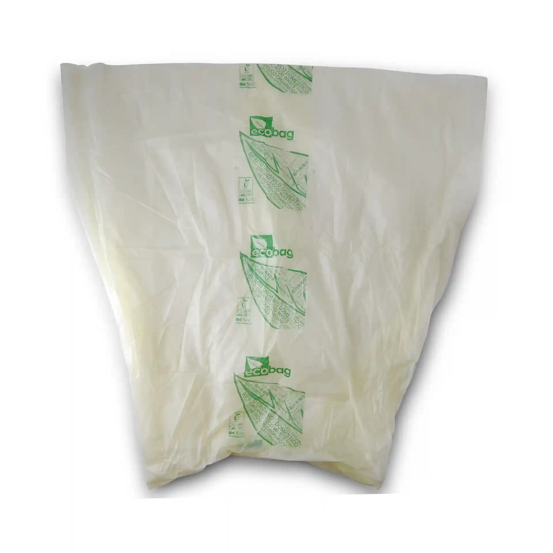 Sacs poubelle bio transparents en PLA, mesurant 70x70 cm, présentés en position pliée.