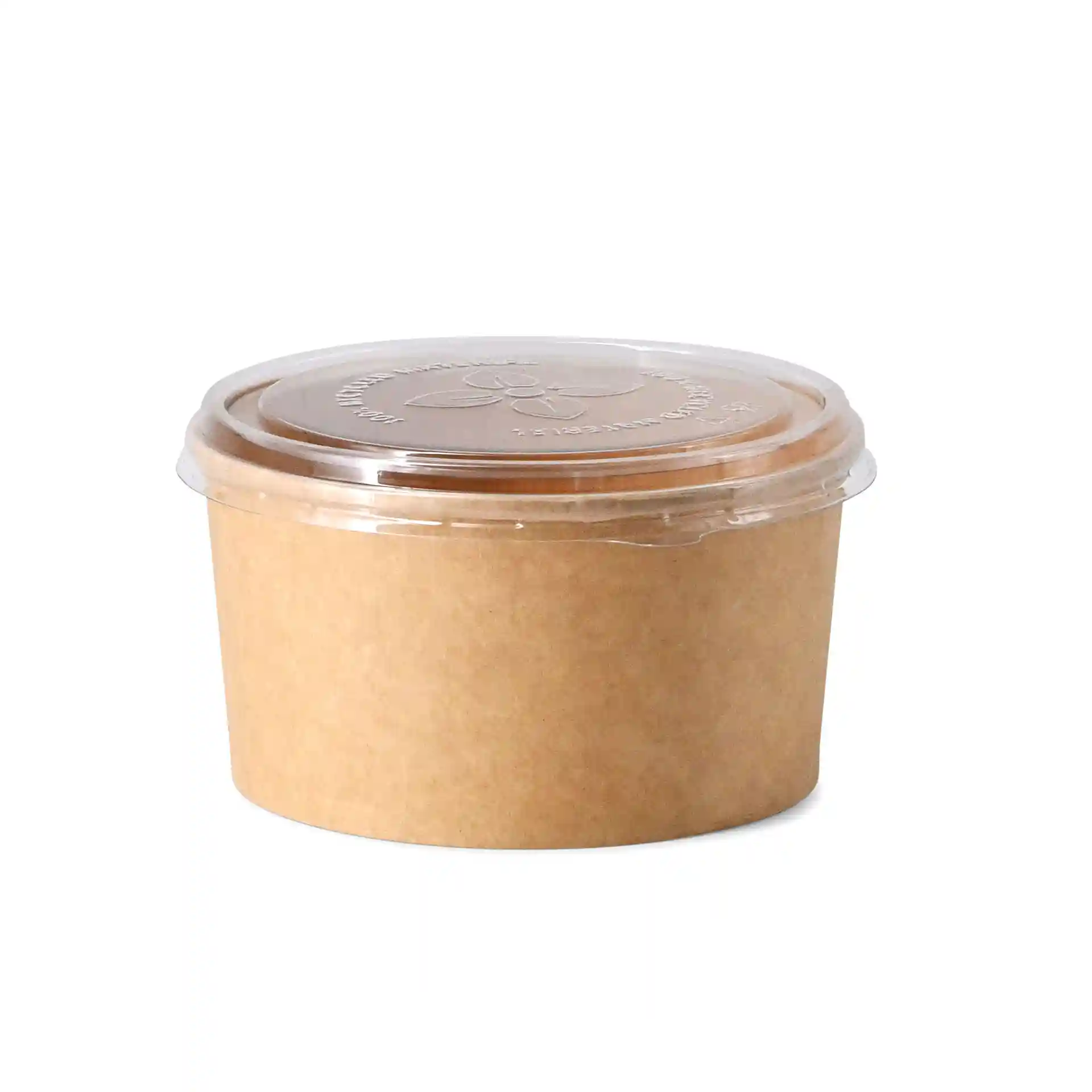 Gobelet rond avec un corps en papier brun et un couvercle en rPET transparent, surface lisse sans marquages visibles.