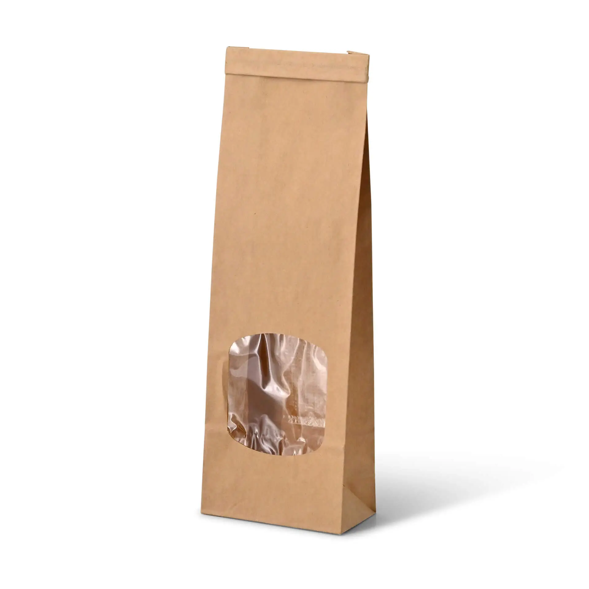 Sac en papier brown avec fond en bloc et fenêtre transparente, adapté aux produits aromatiques, avec fermeture à fil.