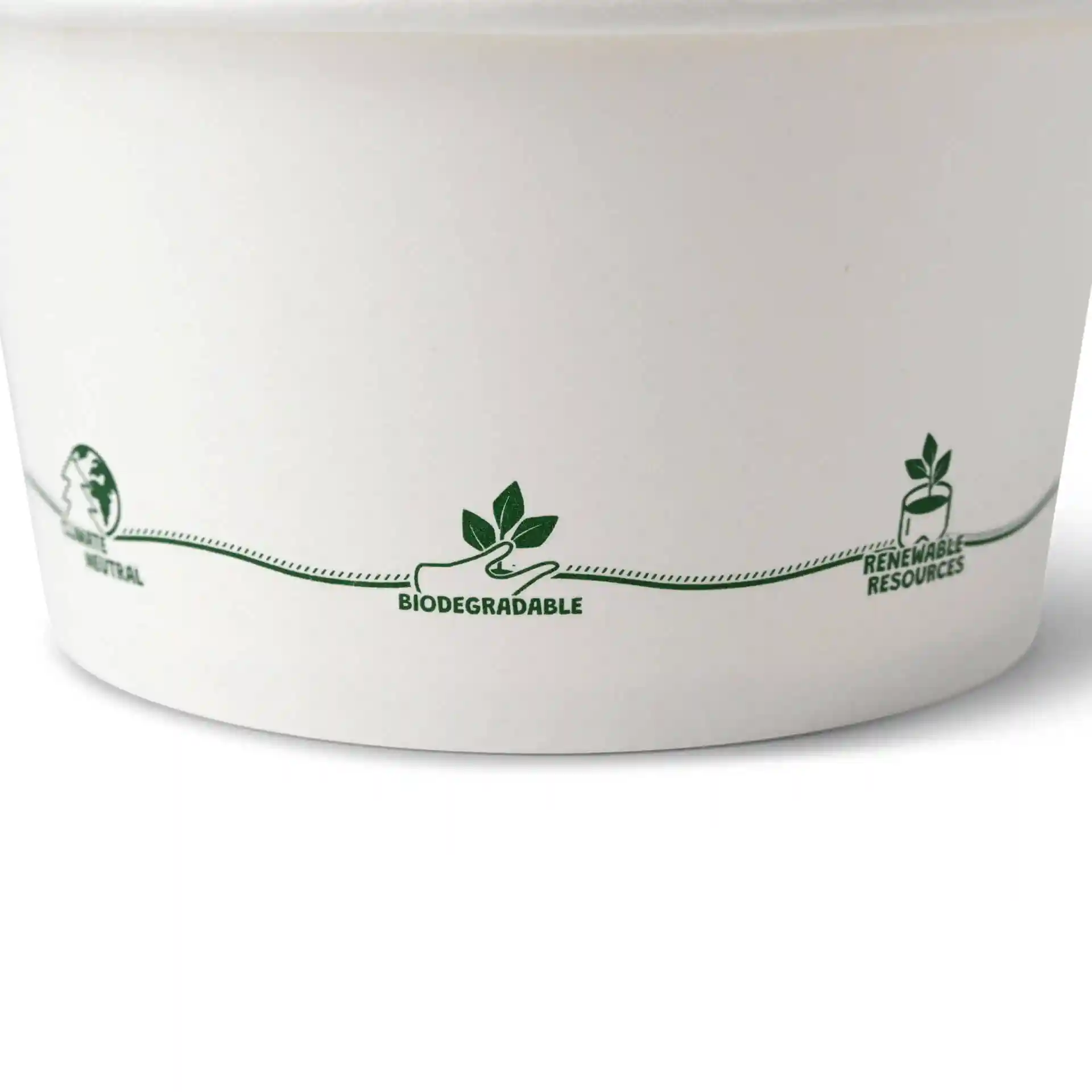 Contenant à soupe en carton blanc avec des icônes vertes imprimées représentant des revendications environnementales.