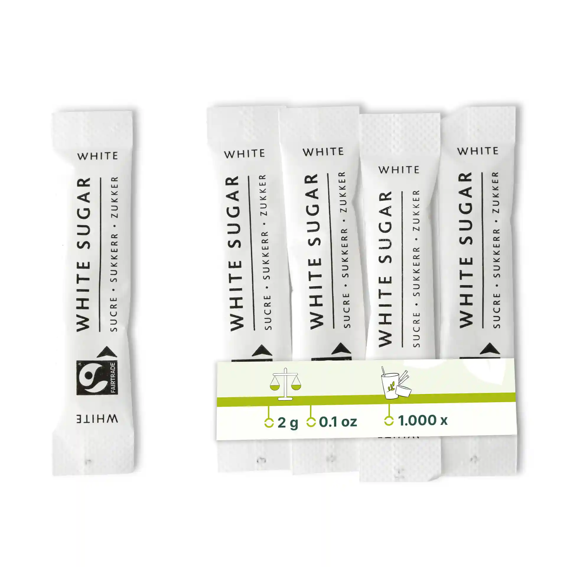 Image de plusieurs bâtonnets de sucre blancs avec une étiquette indiquant des mesures et un symbole, disposés sur un fond uni.