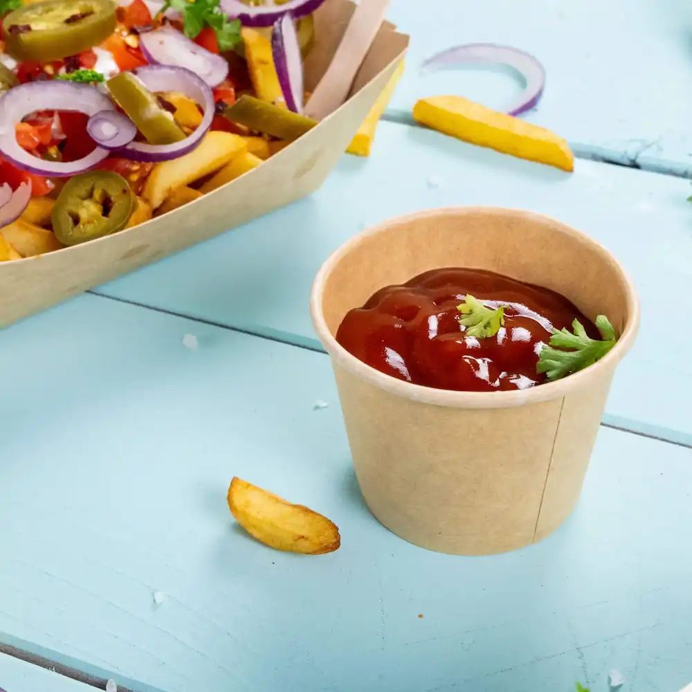 Gobelet en papier brun contenant du ketchup avec une garniture de coriandre, à côté d'une portion de frites et de garnitures.