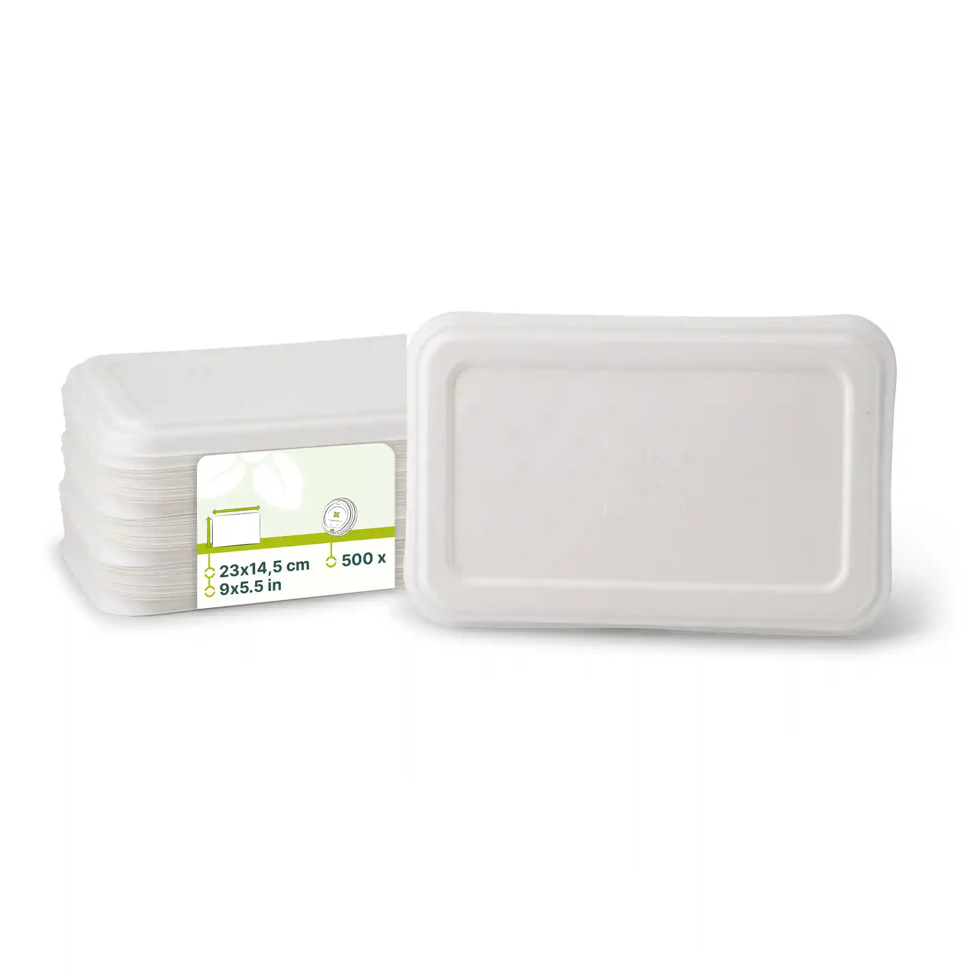 Couvercles rectangulaires en canne à sucre blancs mesurant 23 x 14,5 cm, empilés avec une étiquette indiquant les dimensions et la quantité.
