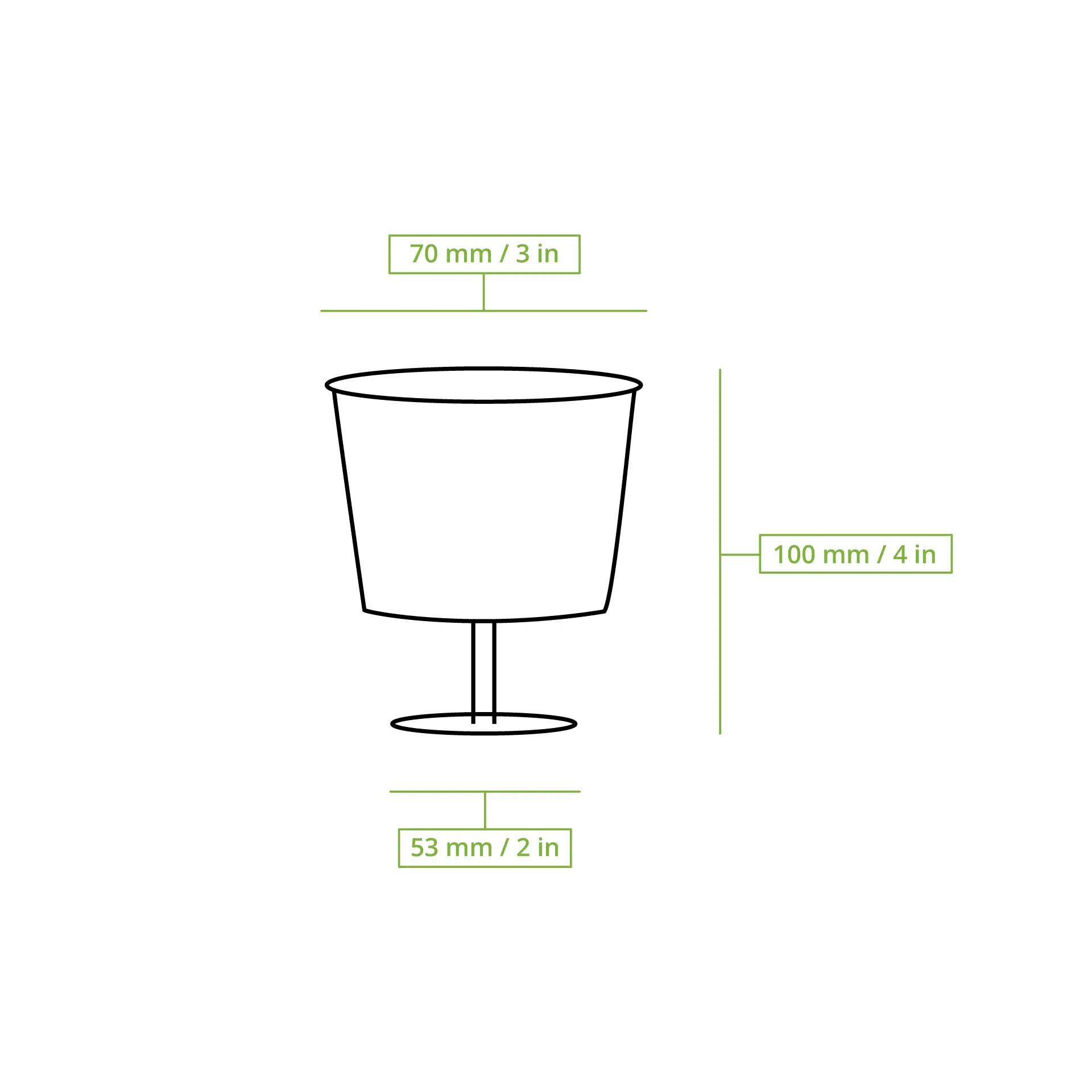 Dessin schématique d'un verre à vin avec dimensions : hauteur 100 mm, diamètre supérieur 70 mm, diamètre inférieur 53 mm.