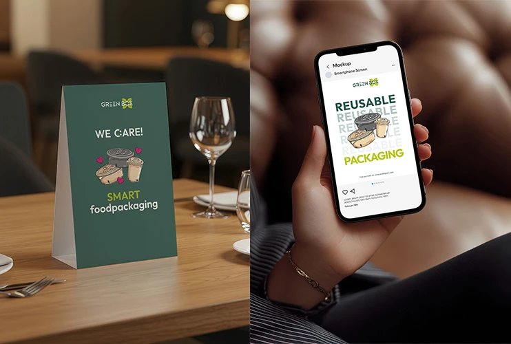 Présentoir de table avec du texte vert sur l'emballage durable à côté d'un smartphone affichant un message similaire sur l'écologie.