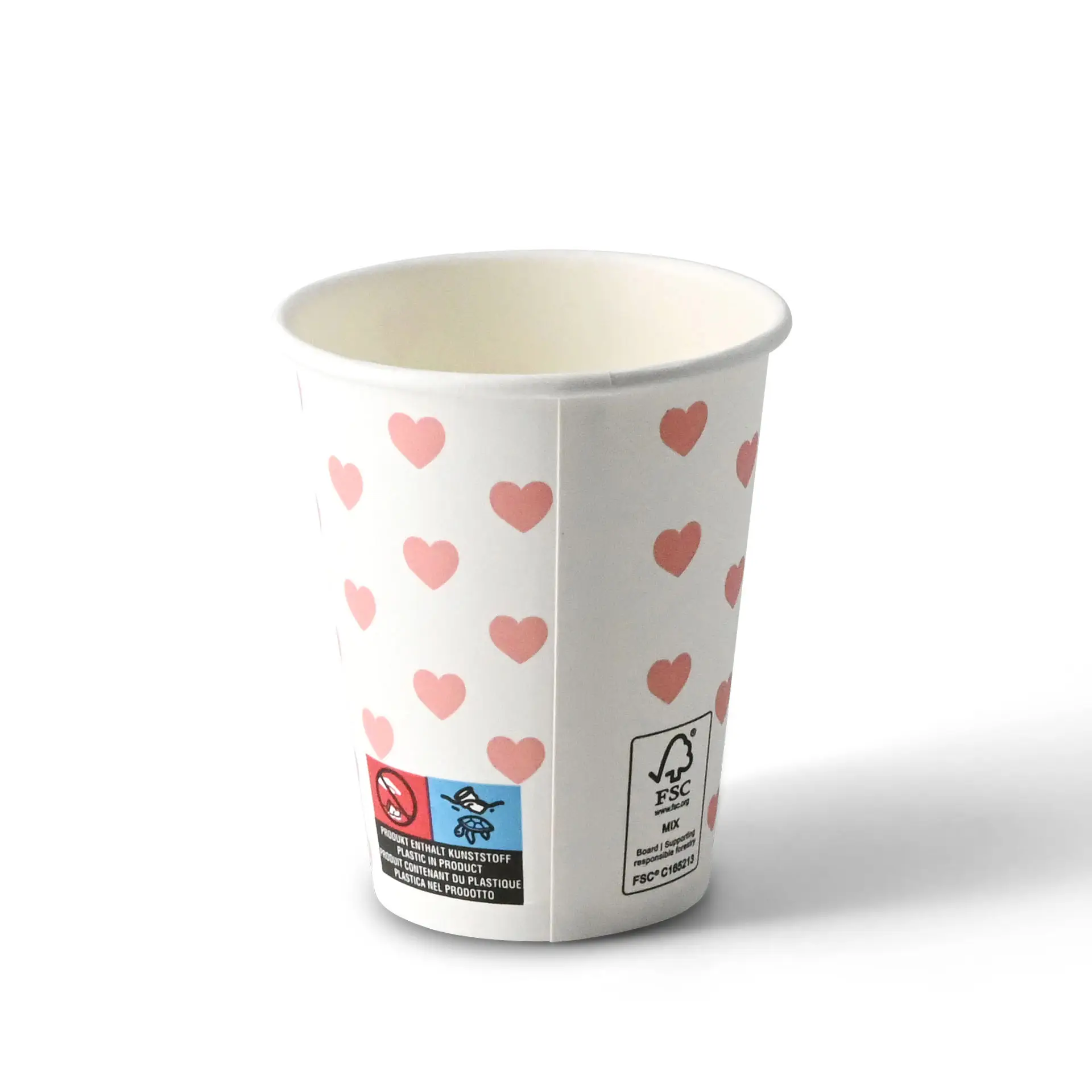 Gobelet en papier blanc avec motifs de cœurs roses, forme ronde, capacité de 8 oz et en carton.