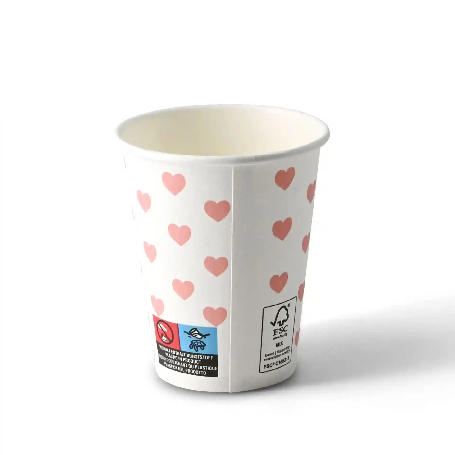 Gobelet en papier blanc avec motifs de cœurs roses, forme ronde, capacité de 8 oz et en carton.