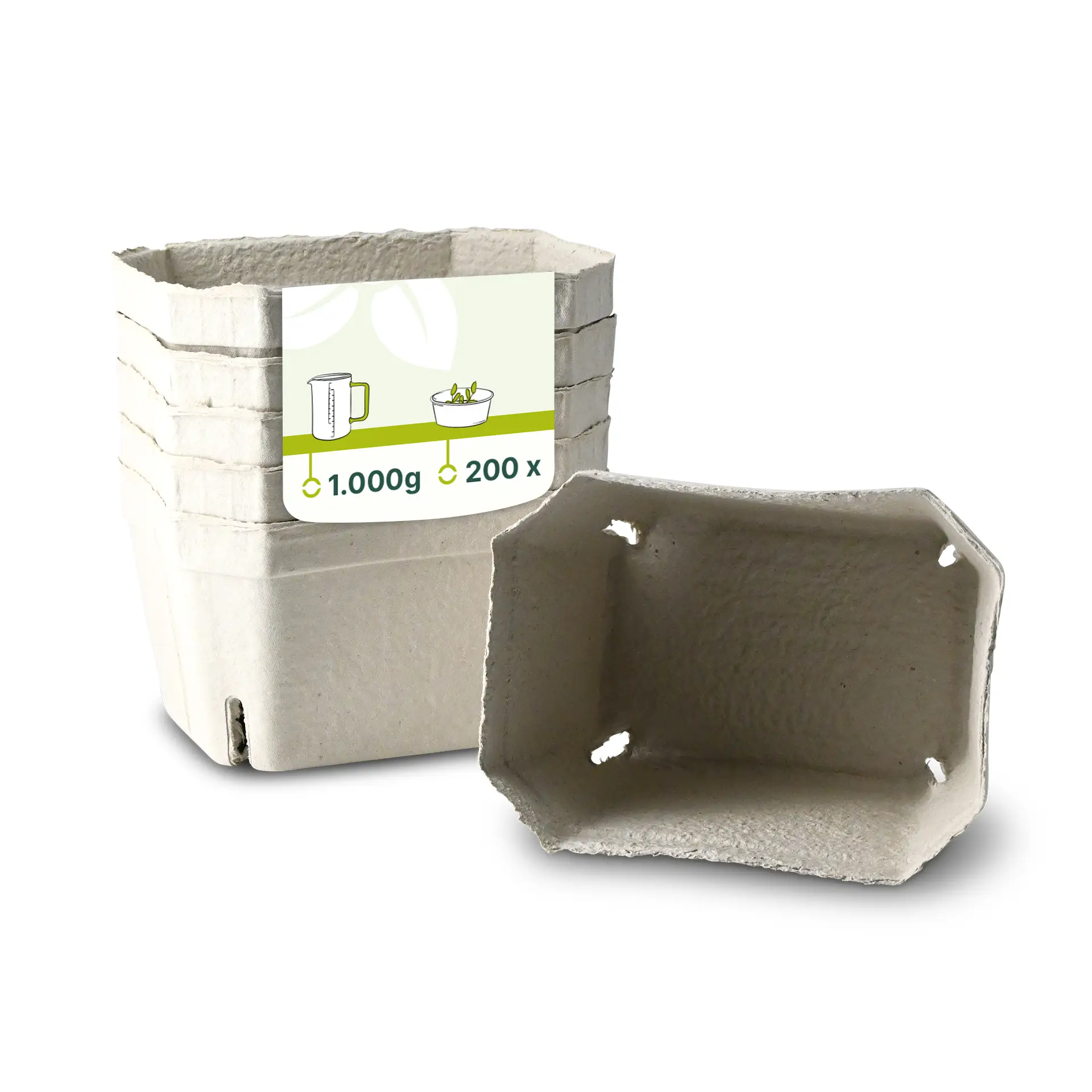 Plateau à baies en carton pulpeux, empilable avec un plateau en focus; l'étiquette sur la pile indique la taille et la quantité.