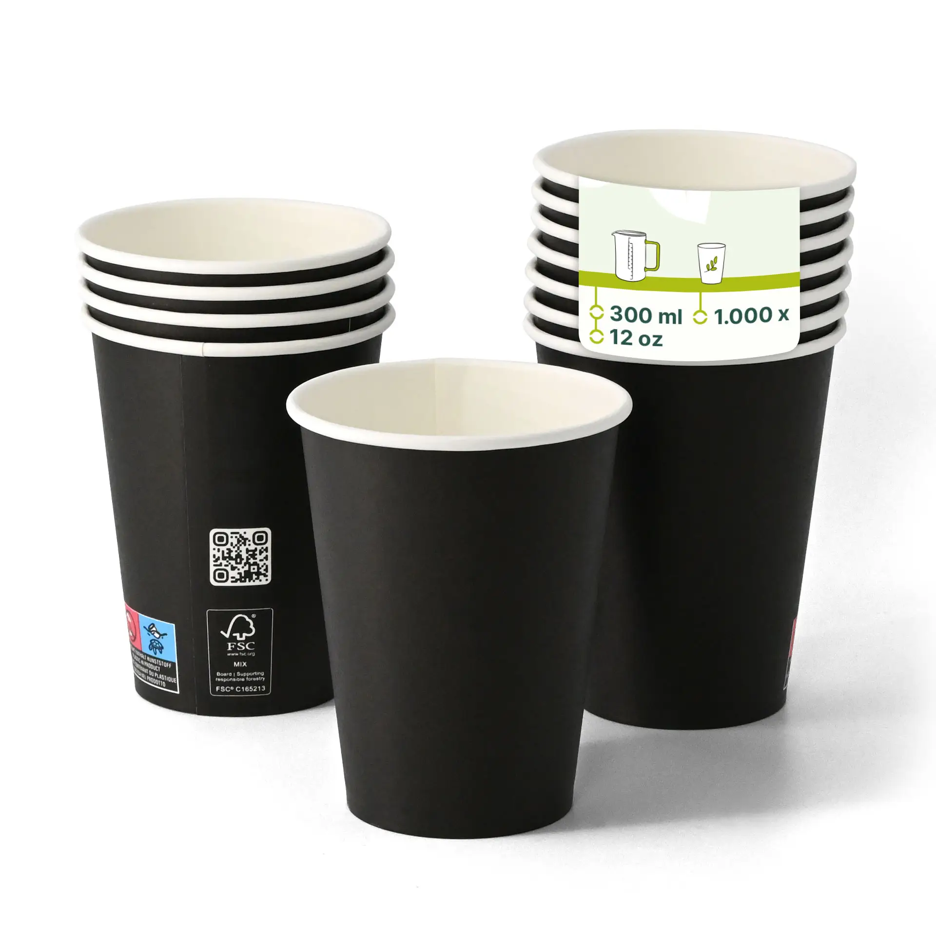 Gobelet en papier noir de 300 ml à paroi simple avec revêtement PLA, adapté pour boissons chaudes et froides.