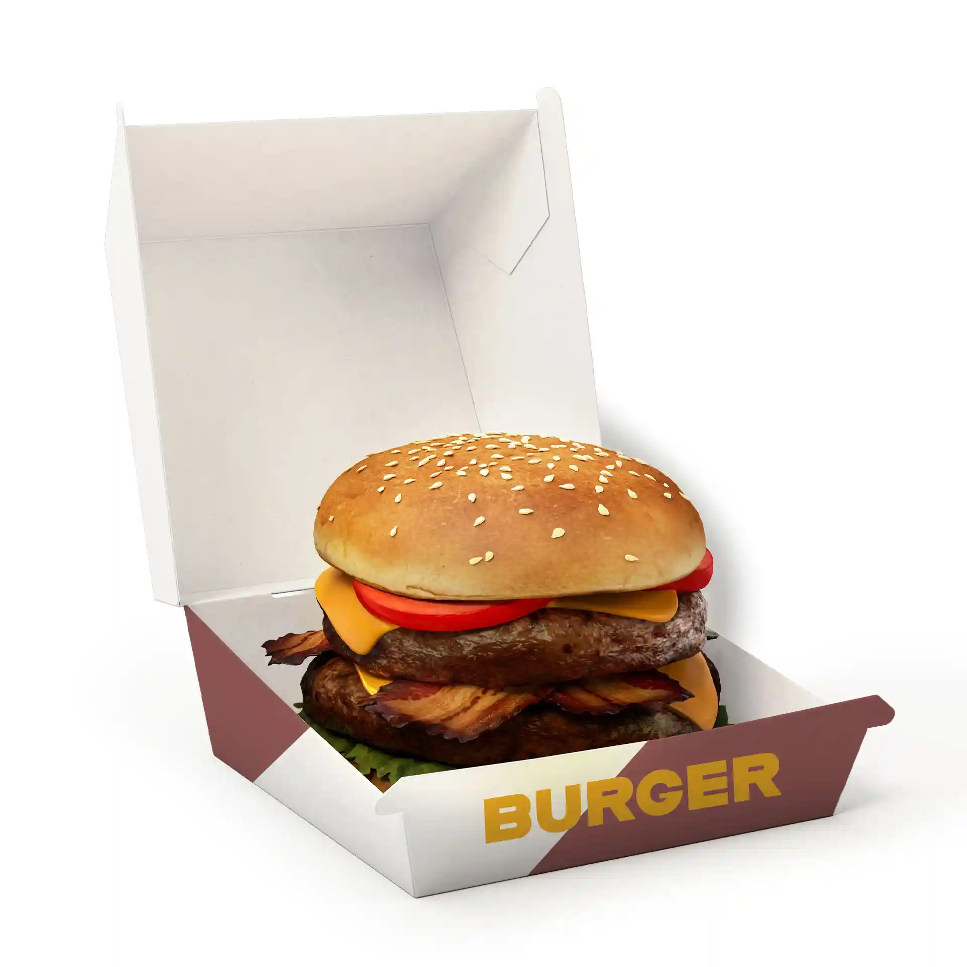 Burger dans une boîte blanche imprimée avec un pain au sésame, du fromage, de la laitue et du bacon, mesurant 11,5 x 10,8 x 8 cm.