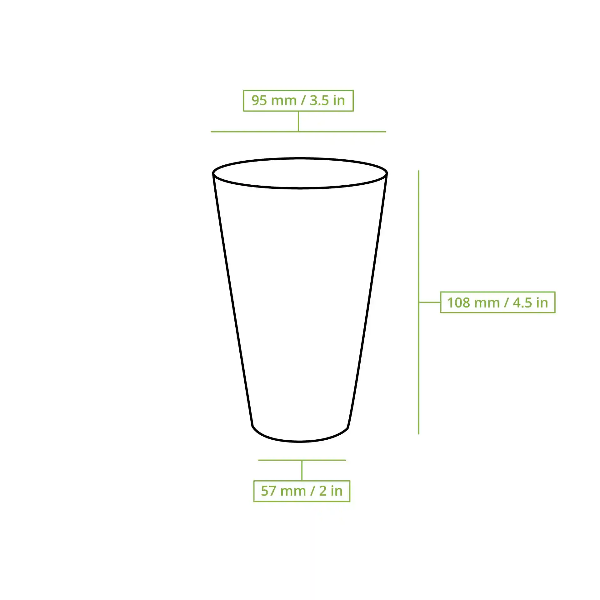 Dessin schématique d'un gobelet avec des lignes de dimension montrant une hauteur de 110 mm, un diamètre supérieur de 95 mm et un diamètre inférieur de 57 mm.
