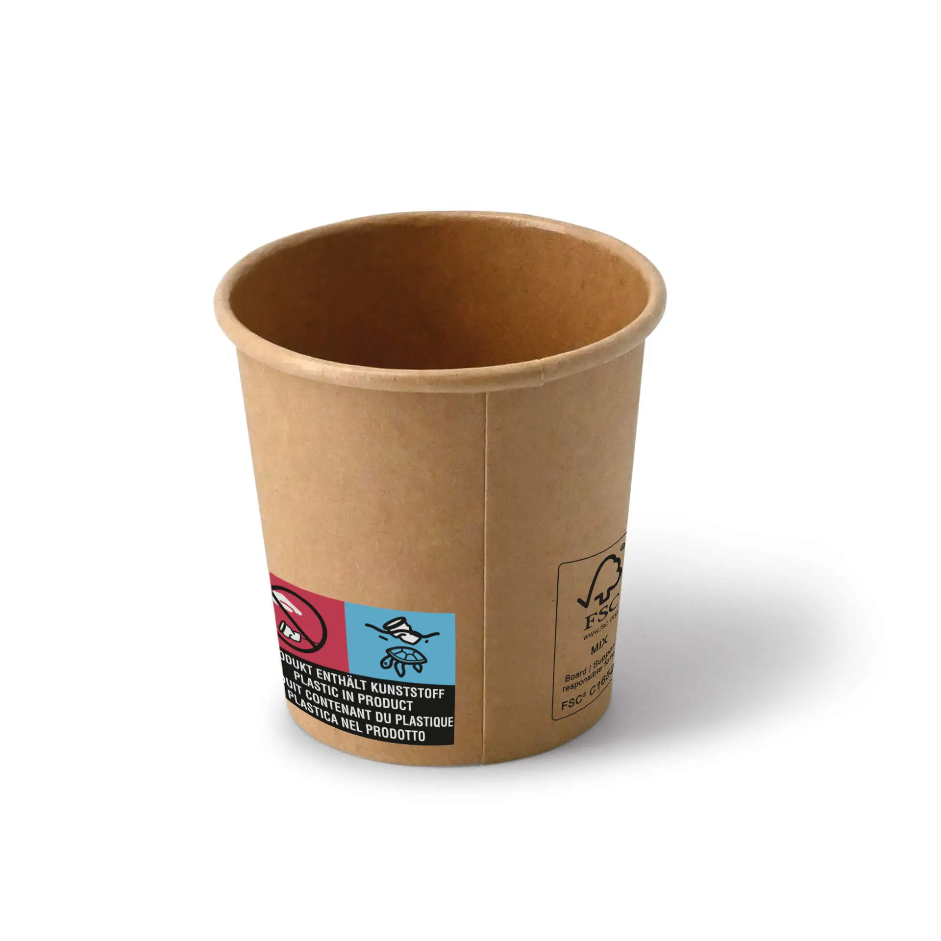 Gobelet en papier brun, taille 4 oz, avec des étiquettes visibles indiquant la teneur en plastique ; design classique pour boissons chaudes ou froides.