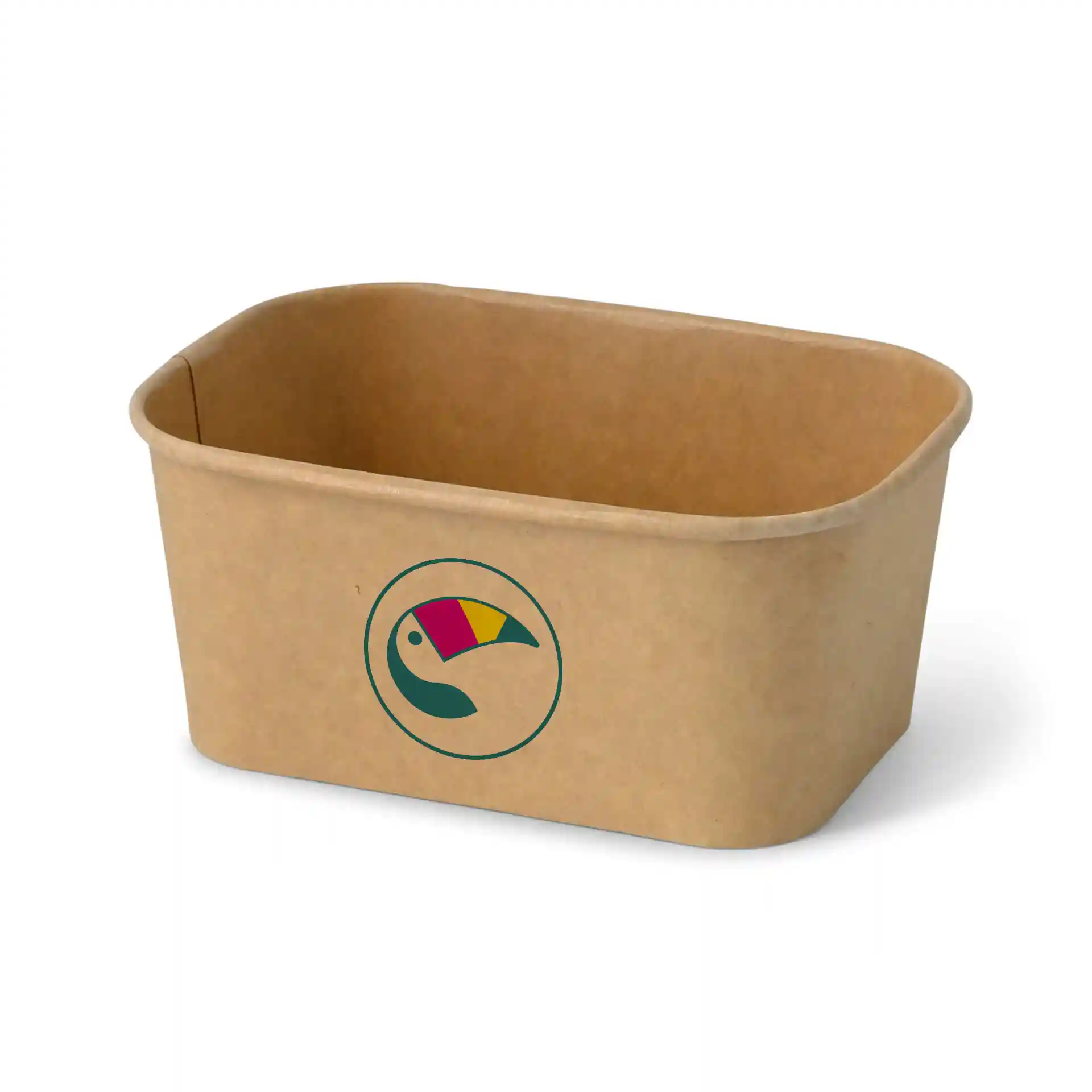 Bol à salade rectangulaire marron avec intérieur en PE et logo de toucan, mesurant 172 mm de long et 124 mm de large.