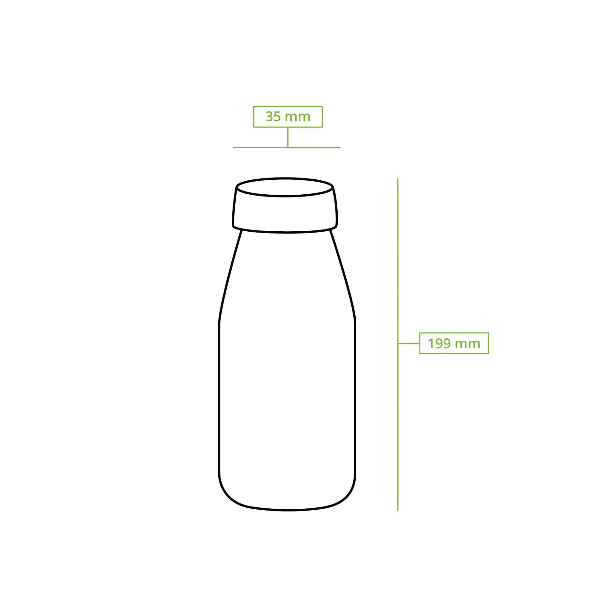 Dessin schématique d'une bouteille rPET transparente avec un couvercle blanc, dimensions de 199 mm de hauteur et 35 mm de diamètre supérieur.