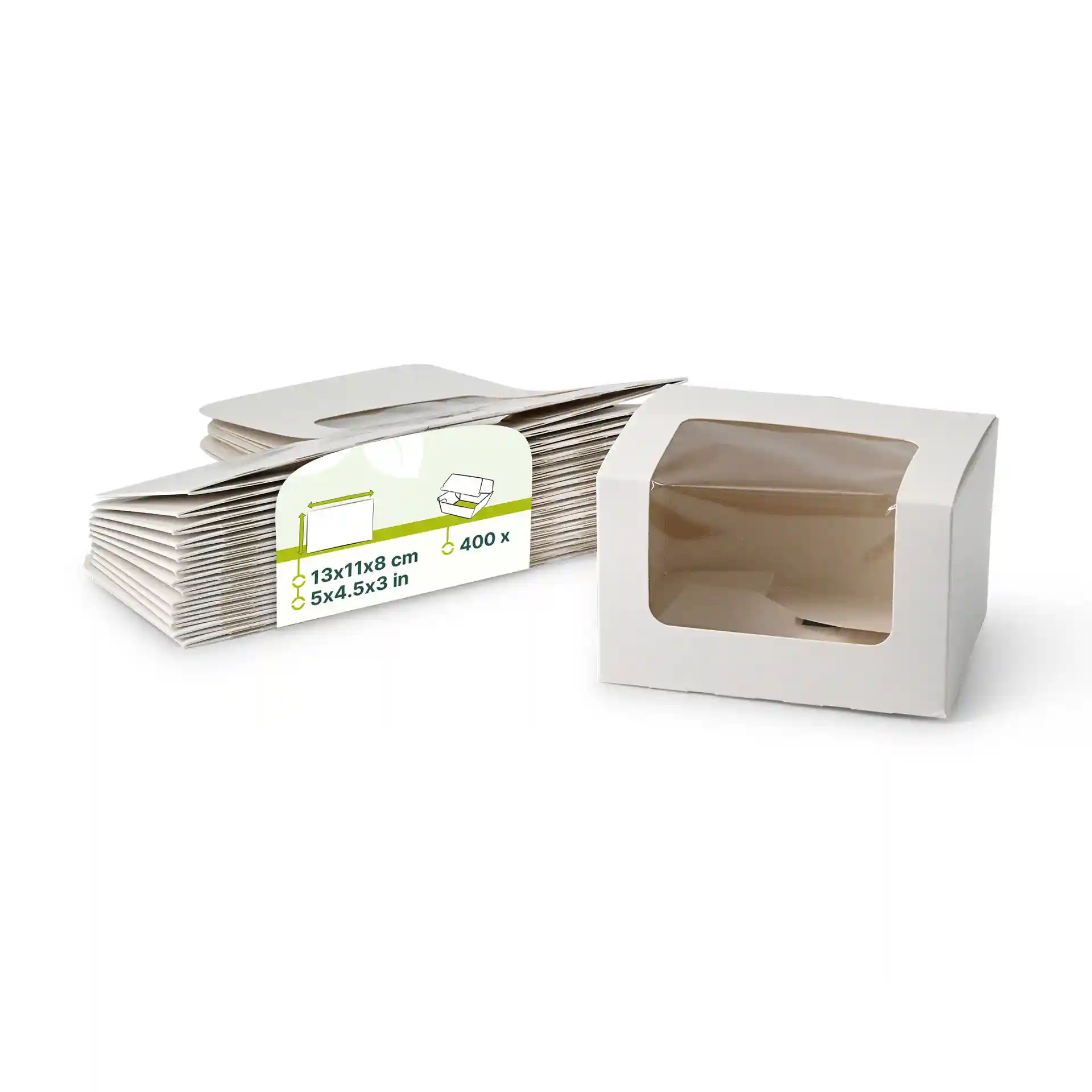 Boîtes à pâtisserie blanches avec fenêtre en cellulose, mesurant 13 x 11 x 8 cm, empilées avec une boîte devant.