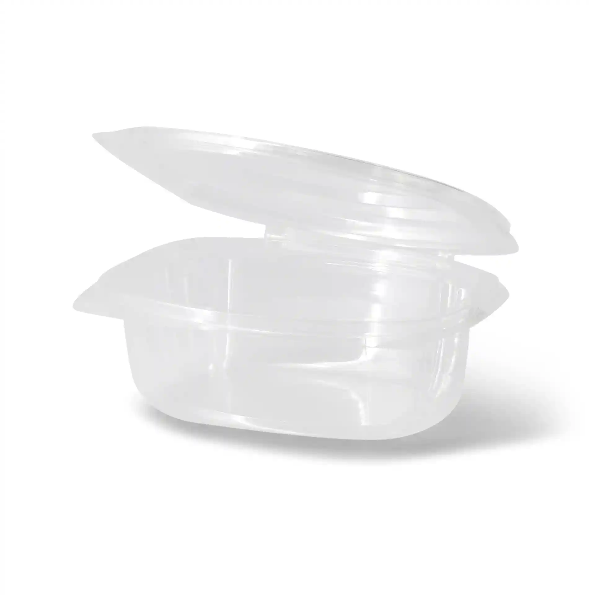 Bol rectangulaire transparent avec couvercle pliant, dimensions 160 mm de long, 130 mm de large, 55 mm de haut.