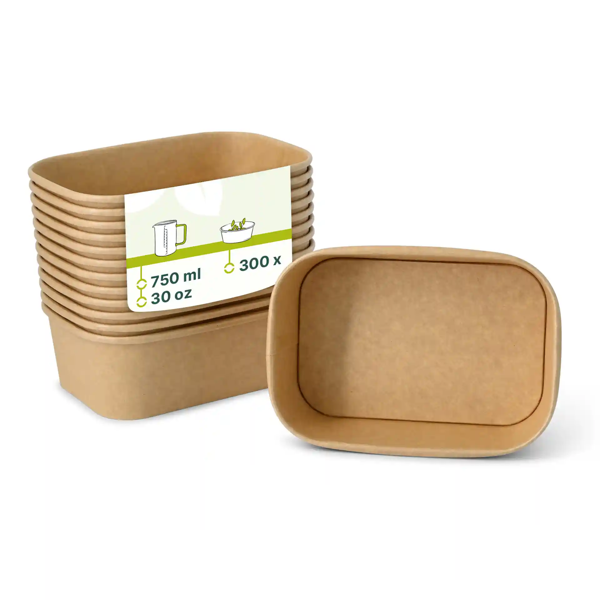 Empilement de contenants alimentaires rectangulaires en carton brun, un contenant devant, dimensions 17,5 x 12,5 x 5,5 cm.