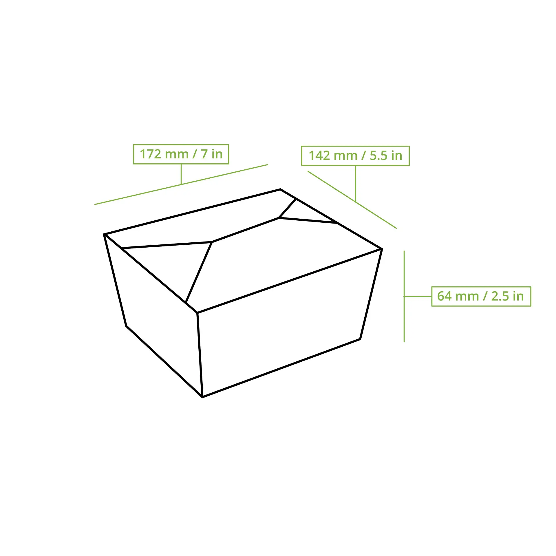 Boîte de nourriture à emporter, capacité de 1150 ml, en carton brun avec dimensions : 172 mm x 142 mm x 64 mm.