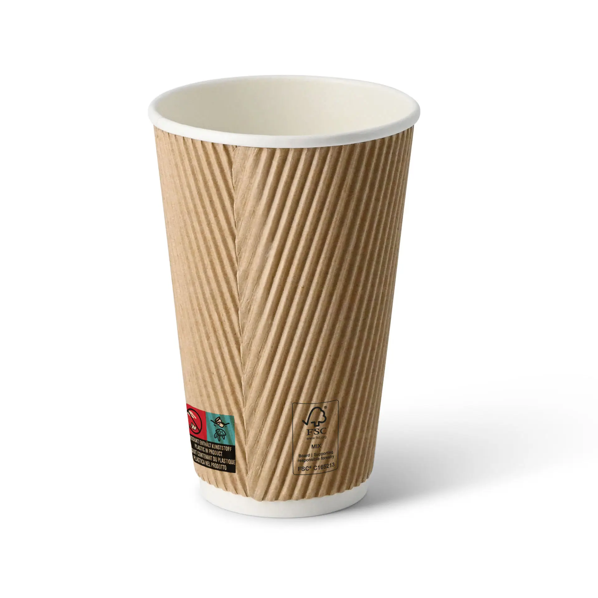 Une tasse à café ondulée marron de 16 oz avec un revêtement intérieur blanc ; convient aux boissons chaudes et froides.