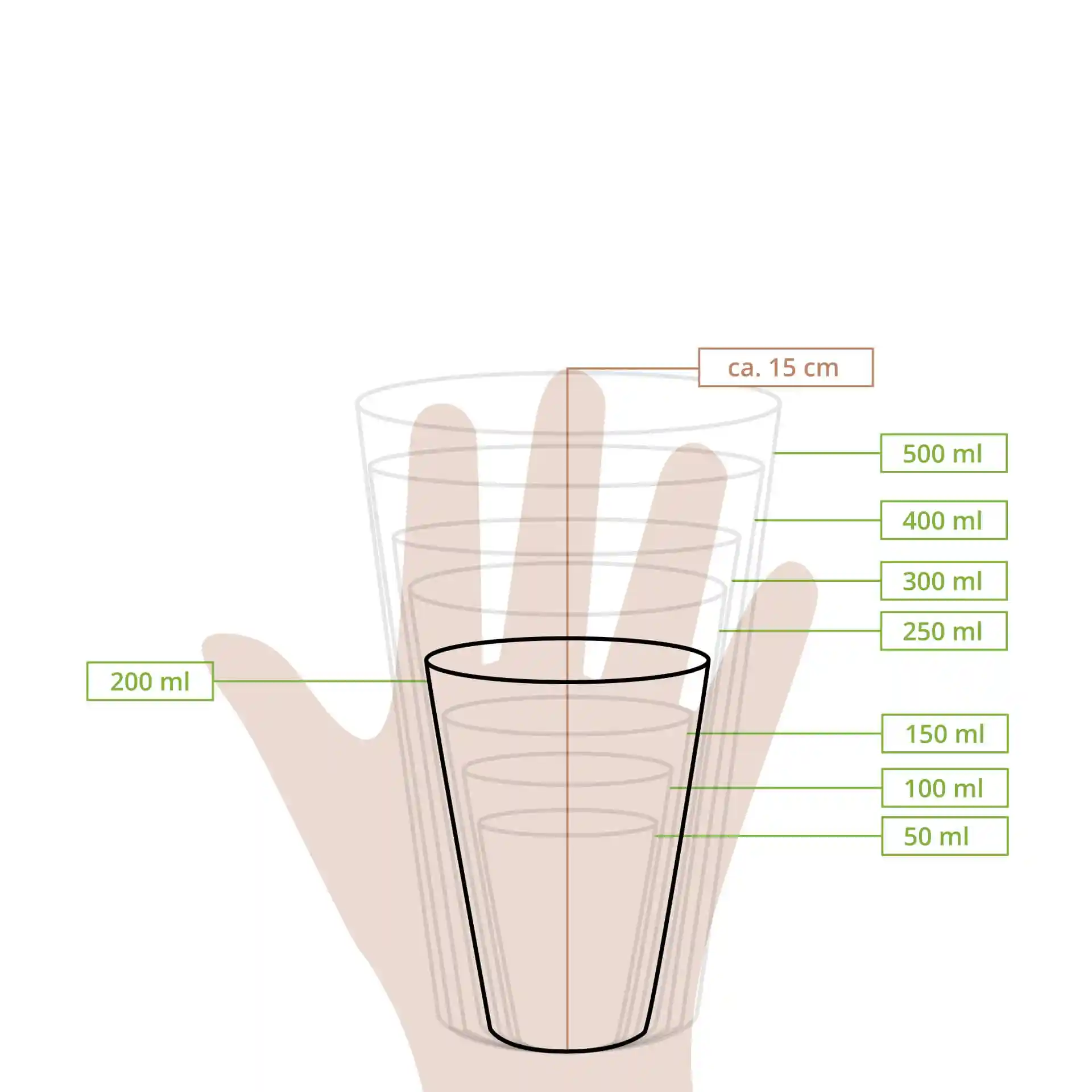 Dessin schématique d'un gobelet avec des lignes de mesure indiquant des volumes de 50 ml à 500 ml et une hauteur d'environ 15 cm.