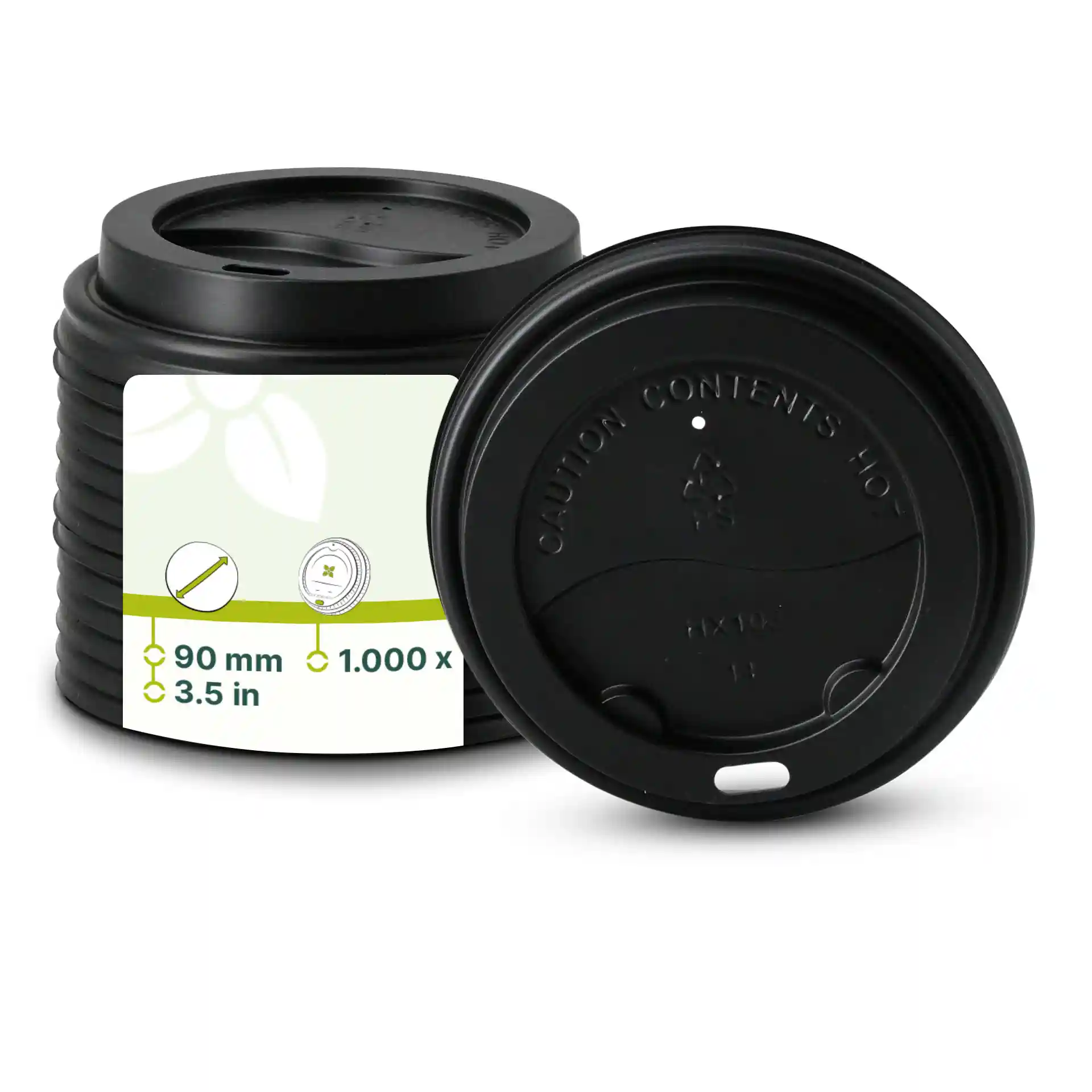 Couvercle en PS noir avec trou pour boire, forme ronde, diamètre de 90 mm et hauteur de 17,5 mm.