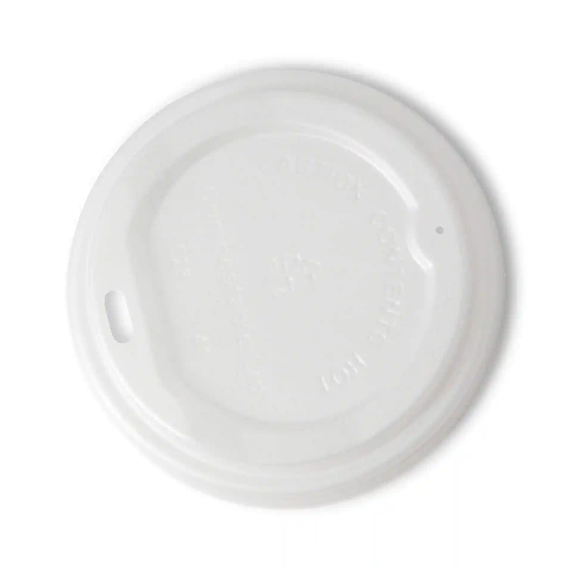 Couvercle CPLA blanc avec trou pour boire, mesurant 90 mm de diamètre et 18 mm de hauteur.