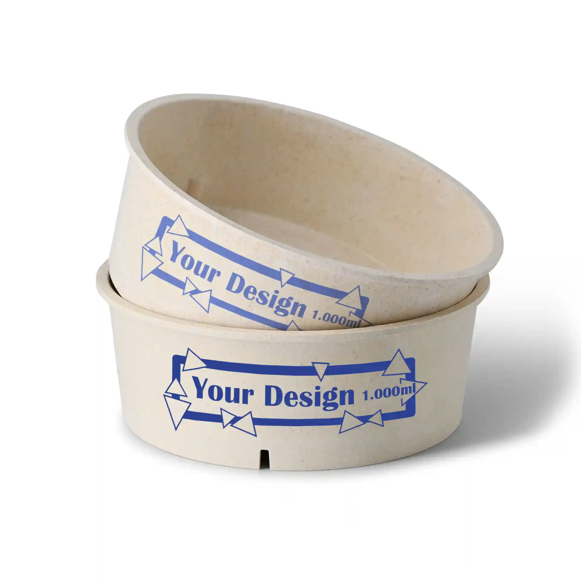 Bol rond réutilisable en crème blanc, capacité de 1000 ml, avec un design imprimé bleu et des flèches.