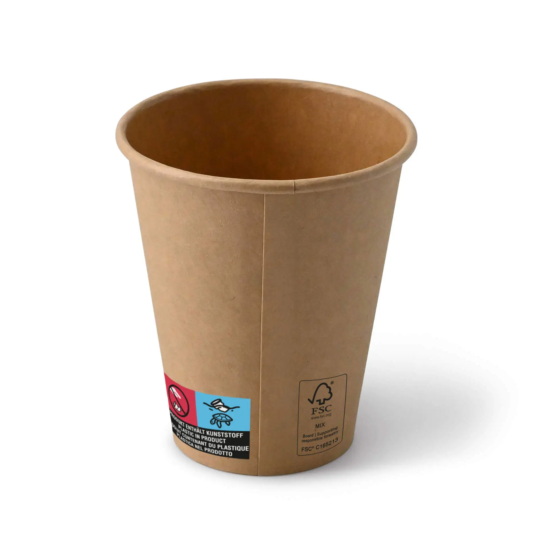 Un gobelet en papier brun (10 oz) avec revêtement PE, affichant des symboles et étiquettes écologiques sur le côté.