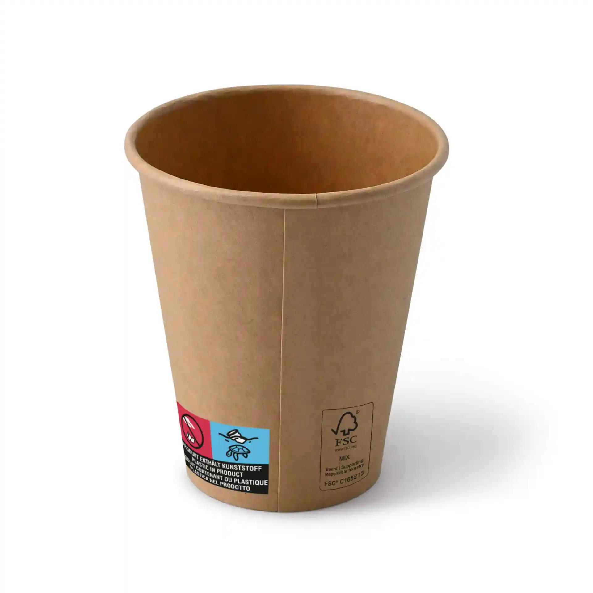 Gobelet en papier brun de 10 oz avec une forme ronde, montrant un revêtement et diverses étiquettes sur le côté.