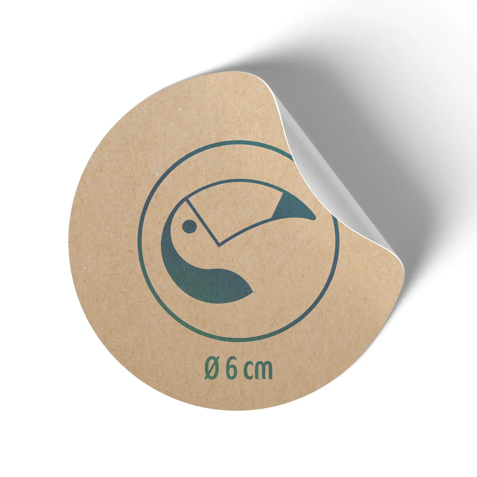 Étiquette ronde mate en papier kraft de 70 g avec un graphique d'oiseau mesurant 6 cm de diamètre.