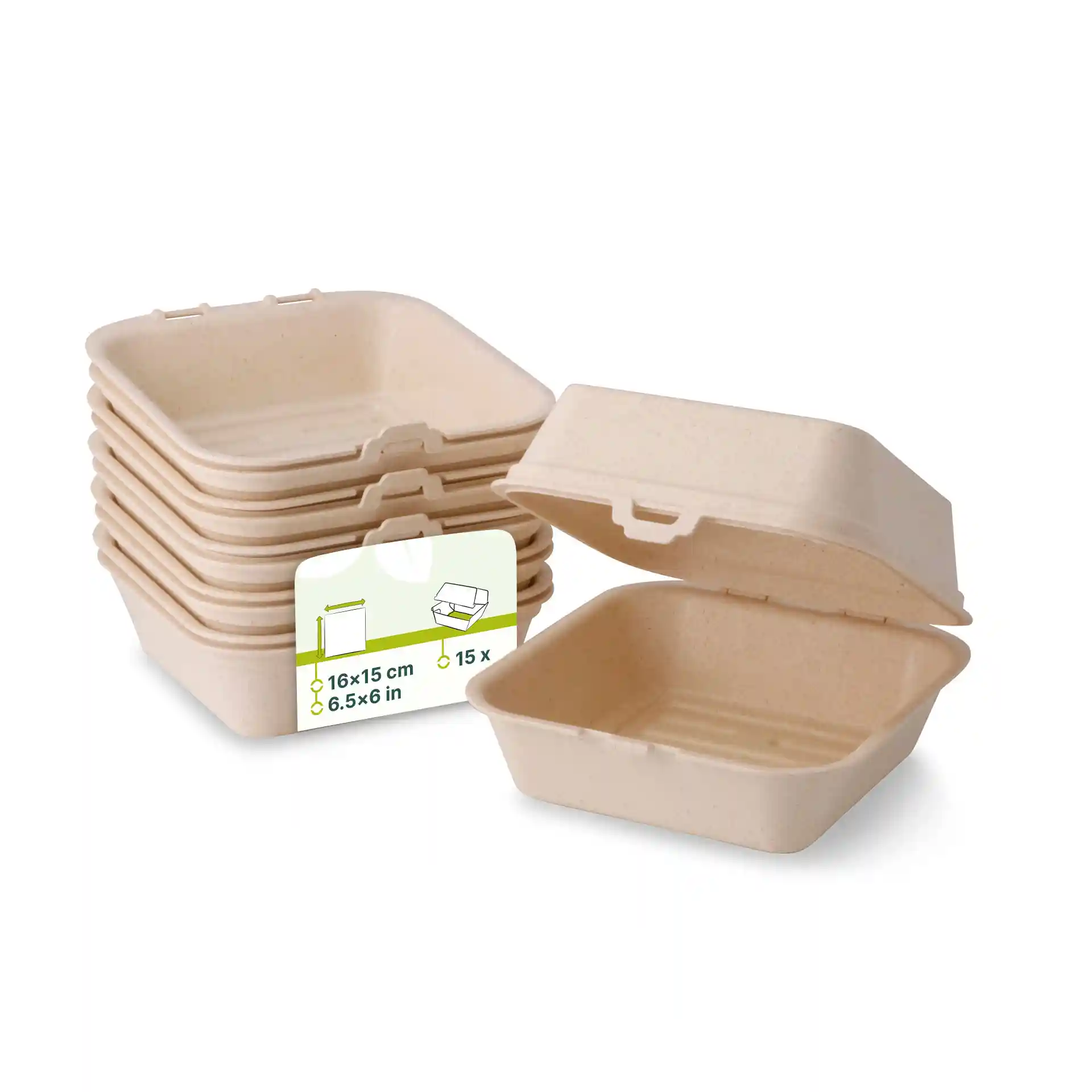 Empilement de boîtes à burgers réutilisables en blanc crème, une boîte ouverte pour montrer l'intérieur, avec une étiquette indiquant les dimensions et la quantité.