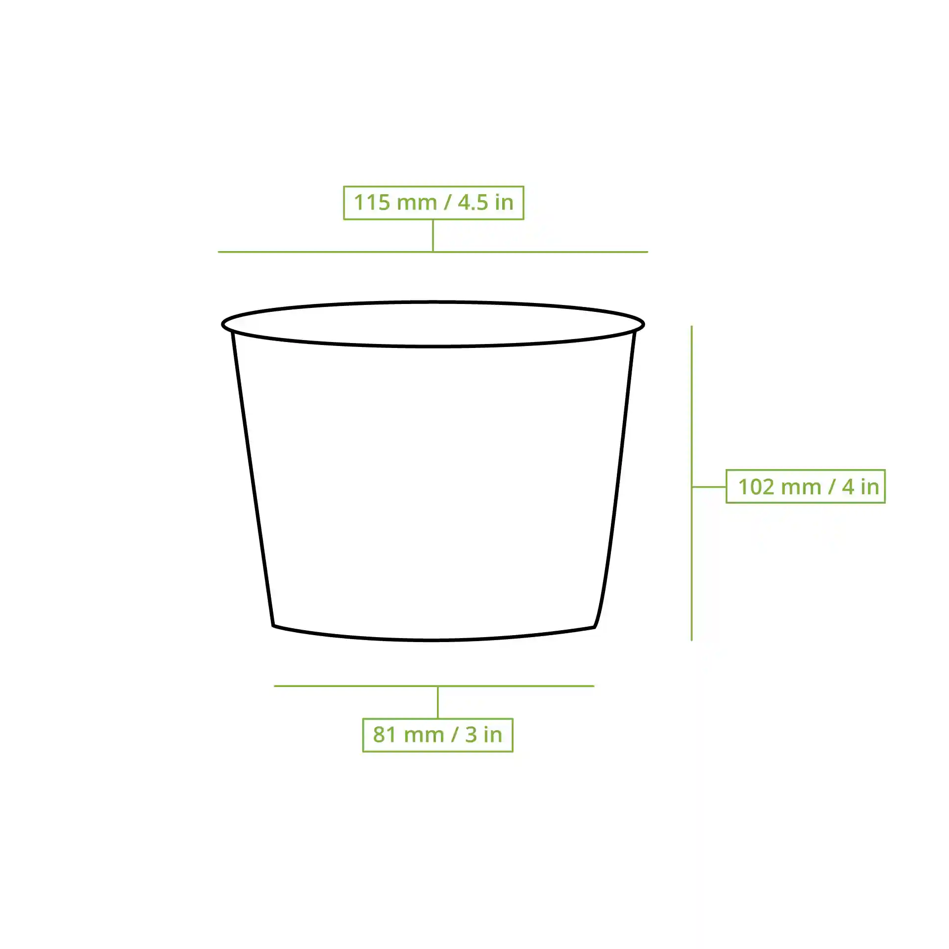Dessin schématique d'un bol à soupe rond strié avec dimensions : hauteur 102 mm, diamètre supérieur 115 mm, diamètre inférieur 81 mm.