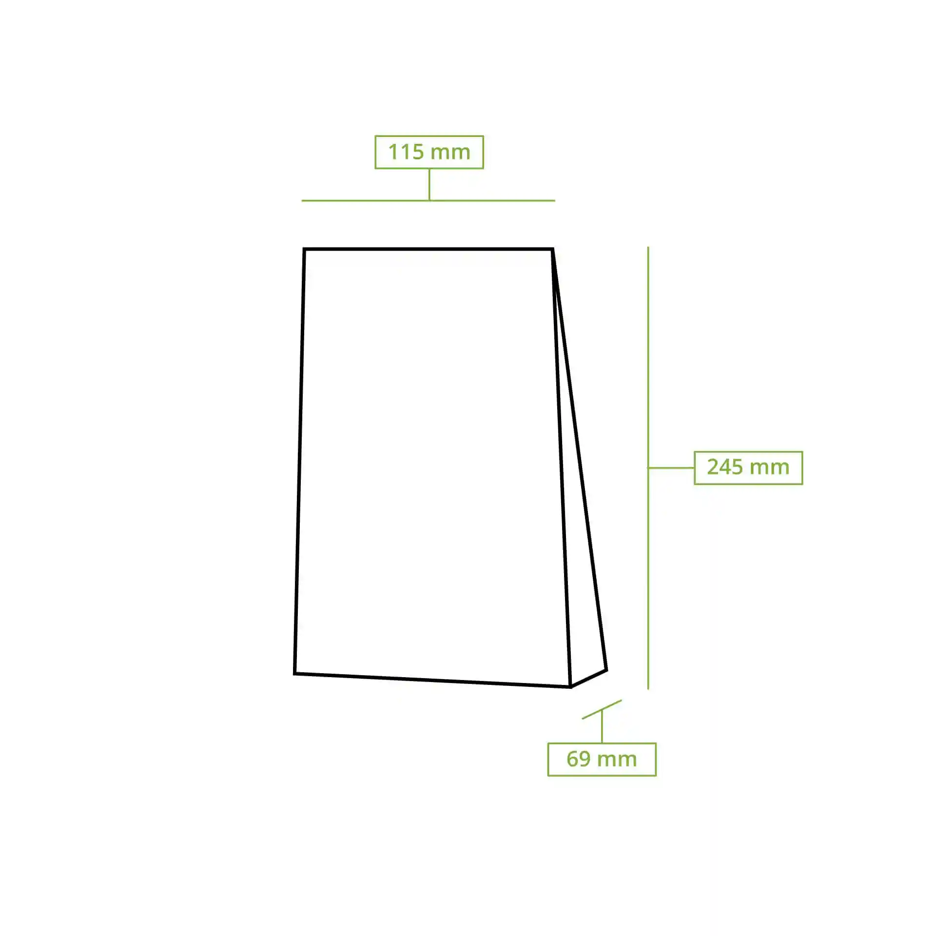 Dessin schématique d'un sac à fond plat avec des dimensions de 115 mm de largeur, 245 mm de hauteur et 69 mm de profondeur.