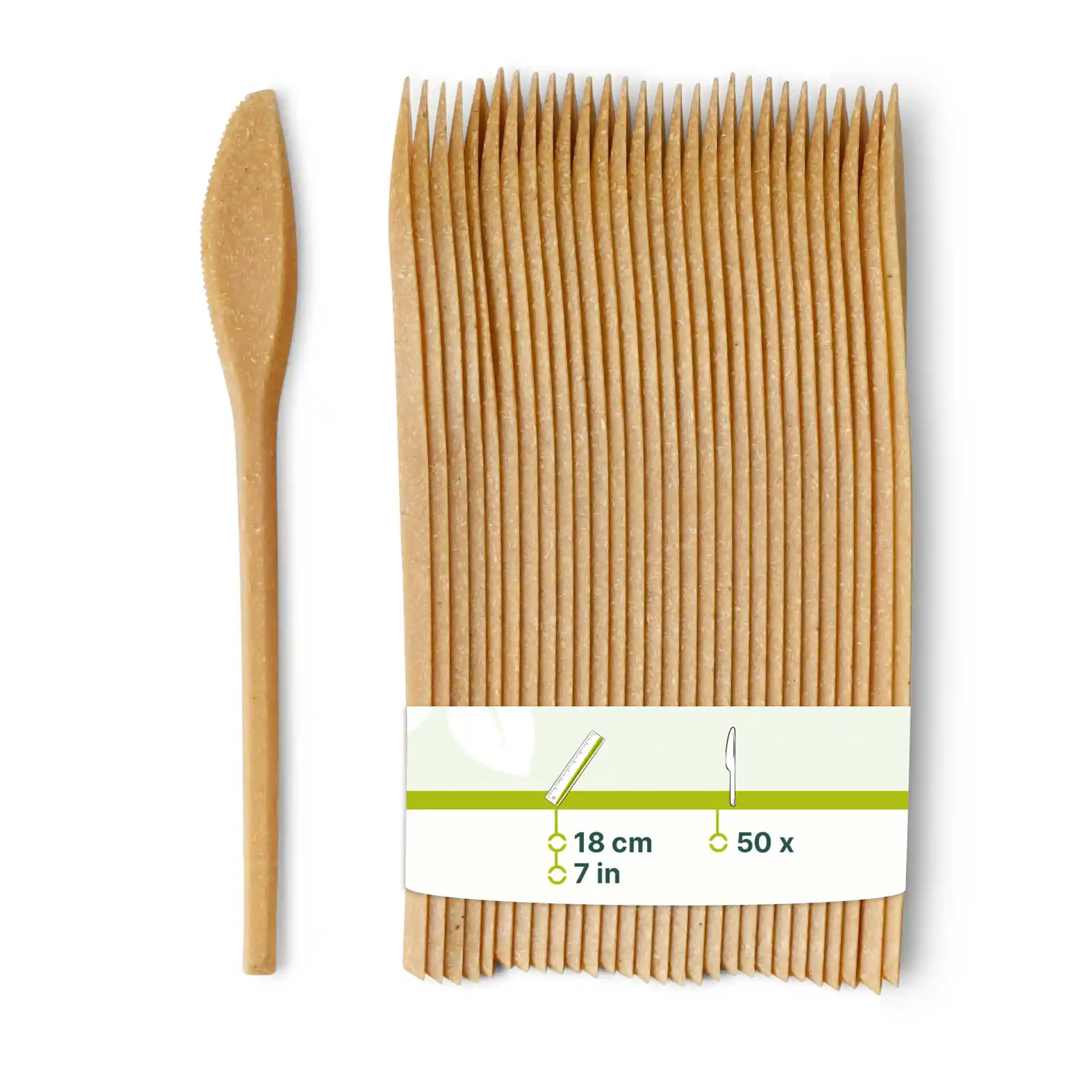 Couteaux réutilisables marron en matériau bio, mesurant 18 cm, empilés avec un couteau affiché.