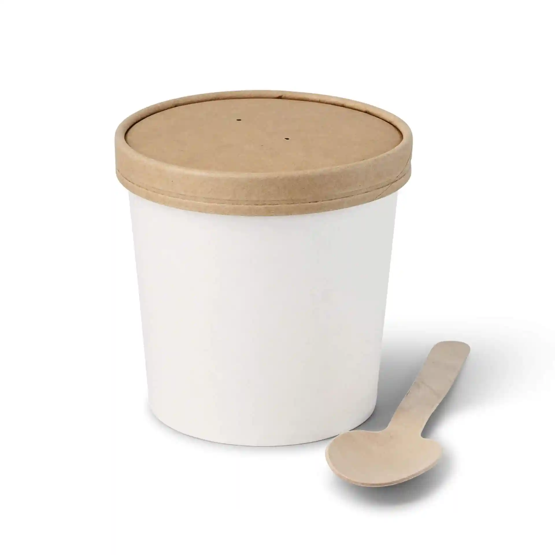 Contenant à soupe en carton blanc avec un couvercle marron et une cuillère en bois à côté.