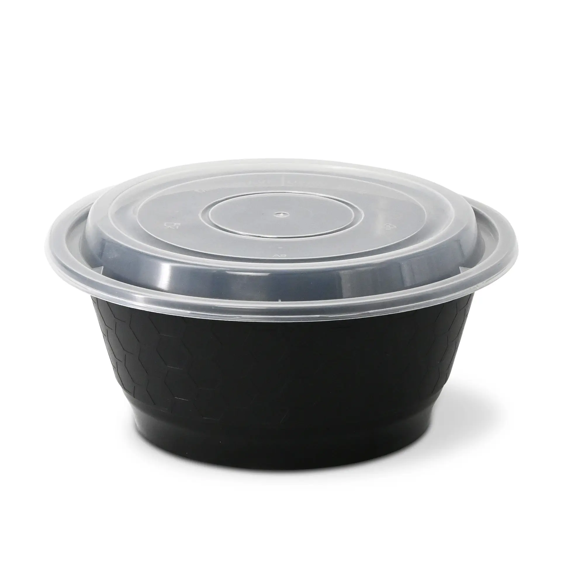 Conteneur noir en polypropylène réutilisable avec un couvercle transparent, adapté aux plats chauds et froids, passe au lave-vaisselle.